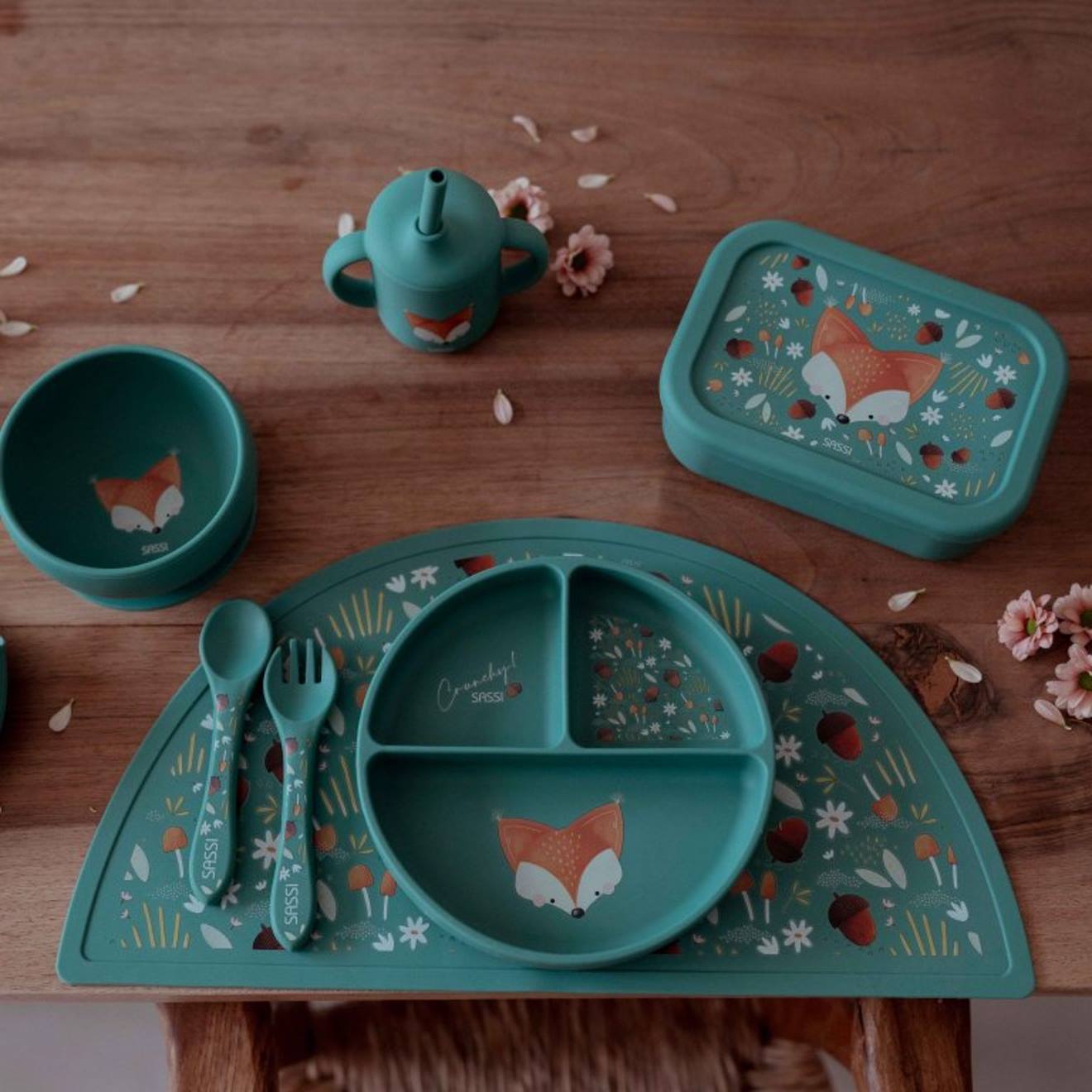 Assiette Compartimentée En Silicone Avec Ventouse Animaux Vert Paon (Sassi) - Image 1