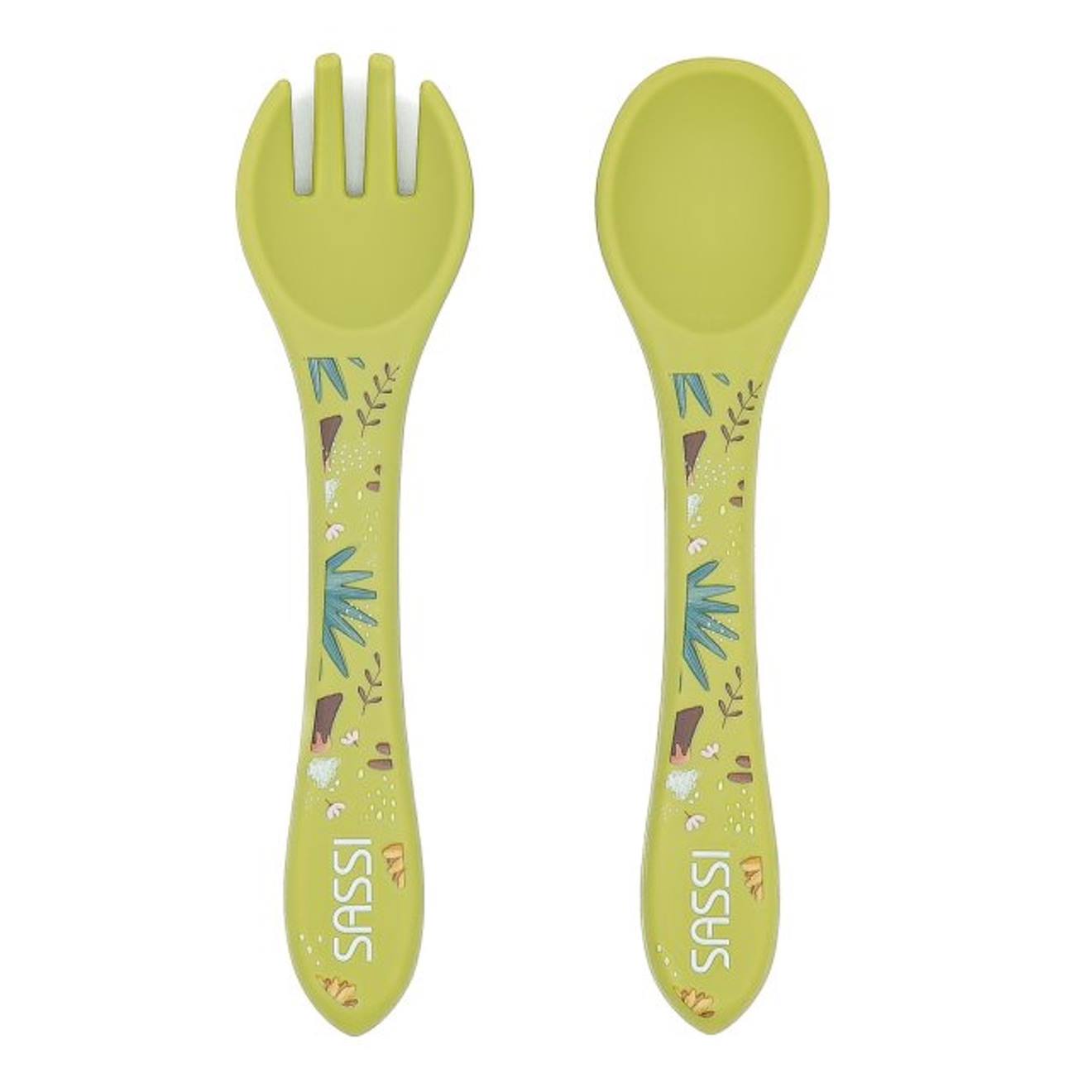 Set Fourchette Et Cuillère En Silicone Animaux Vert