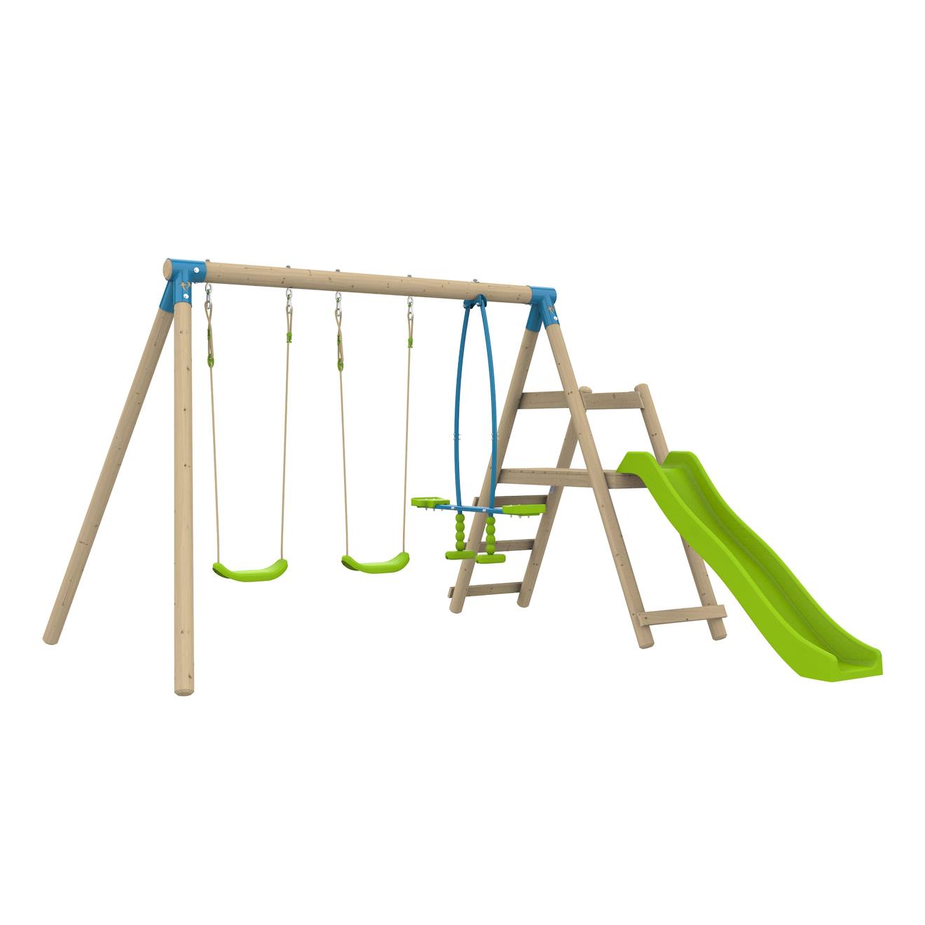 Station 2 Balançoires Et Vis-à-vis Ajonc Bois H190cm Marron - Bleu - Vert