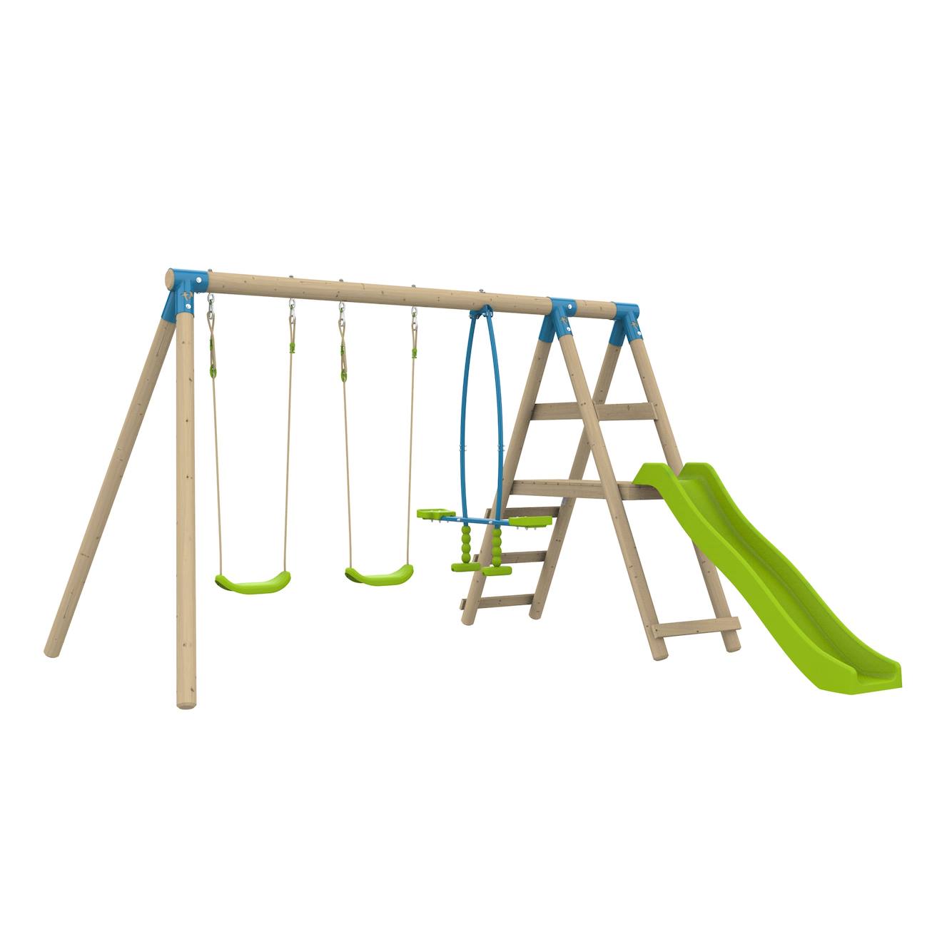 TP Toys - Station 2 Balançoires Et Vis-à-vis Arrucat Bois H190cm Marron - Bleu - Vert