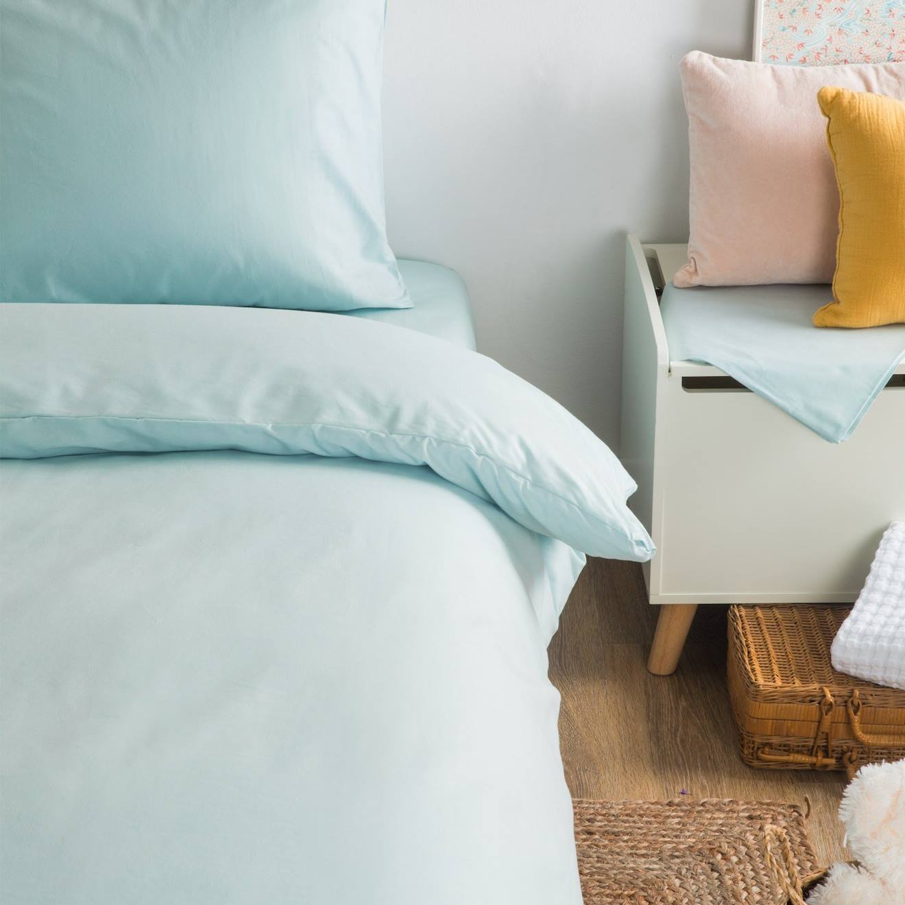 Housse De Couette Unie En Coton Bio Pour Lit 1 Personne Bleu Céladon