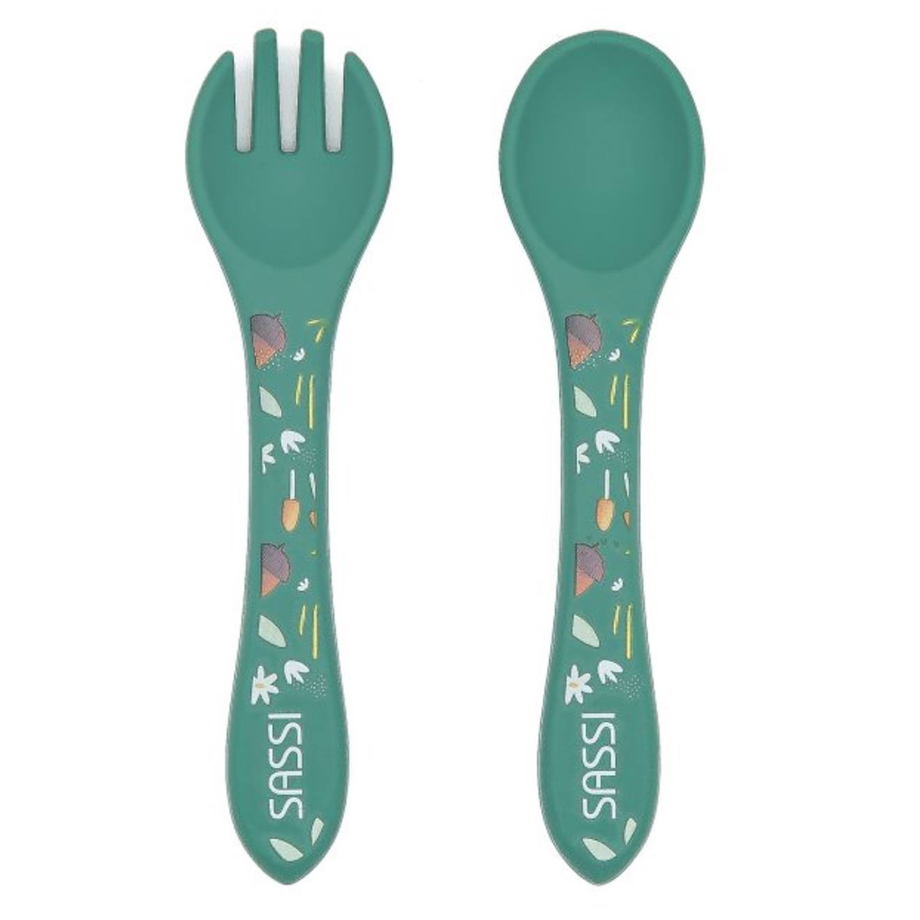 Set Fourchette Et Cuillère En Silicone Animaux Vert Paon