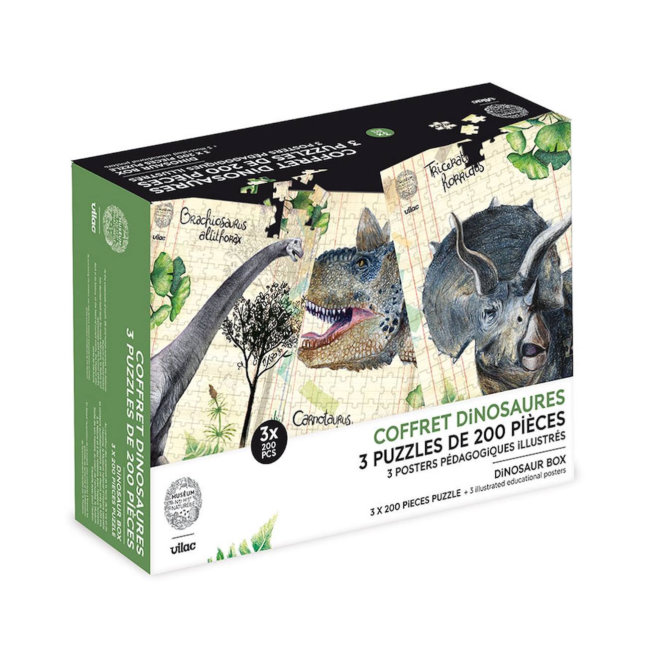 Vilac - Coffret 3 Puzzles Dinosaures Et Posters Beige