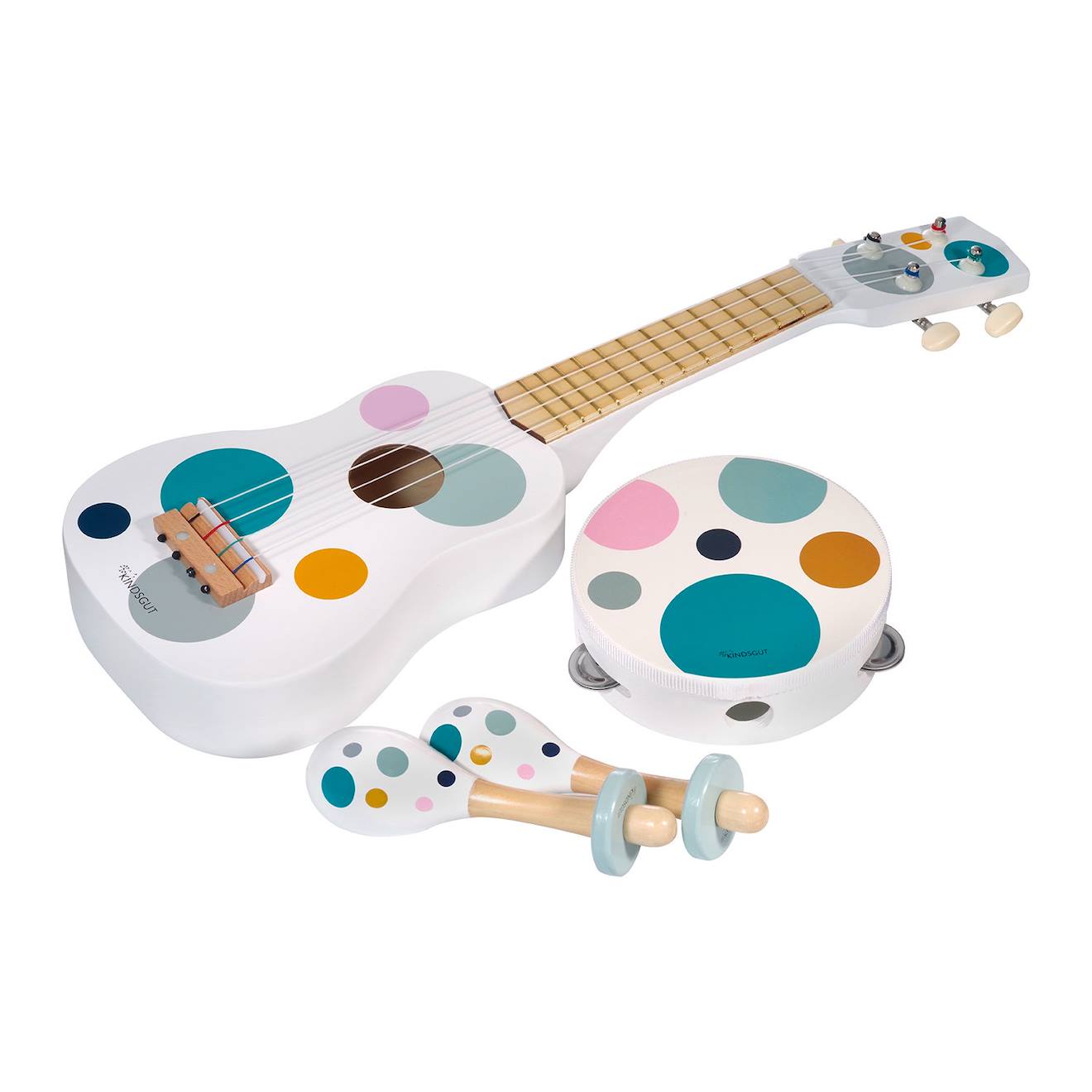 Kindsgut - Set De 3 Instruments De Musique Pour Enfant Avec Guitare, Tambourin Et Maracas À Pois Blanc