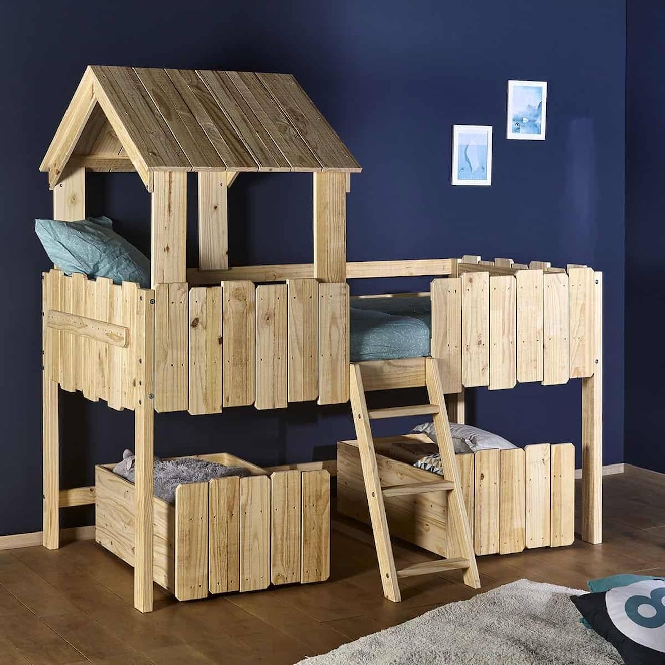 Lit Cabane Mi-hauteur Avec Tiroirs Bois Massif Donnie Bois Naturel