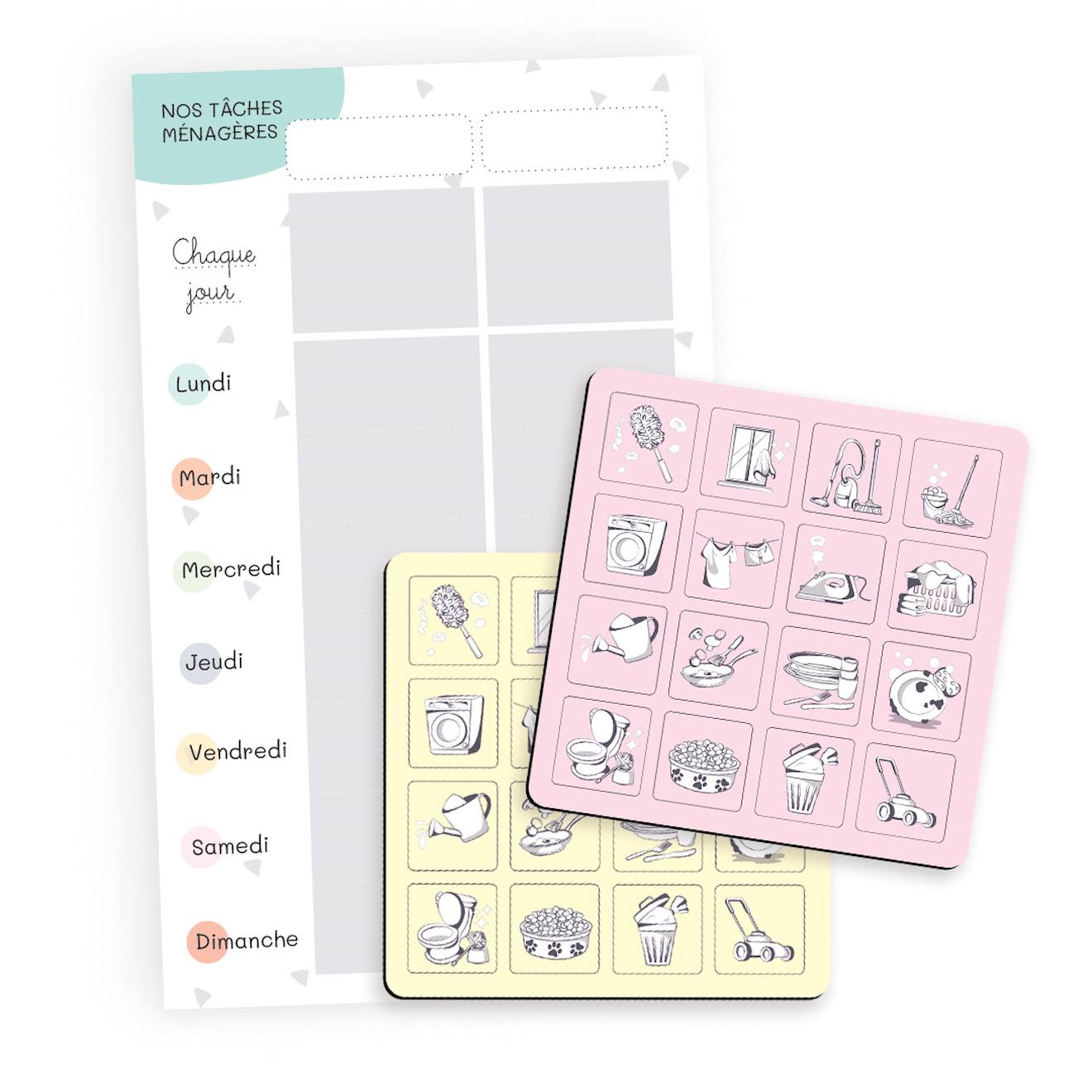 Tableau Tâches Ménagères – 32 Magnets Rose Et Jaune