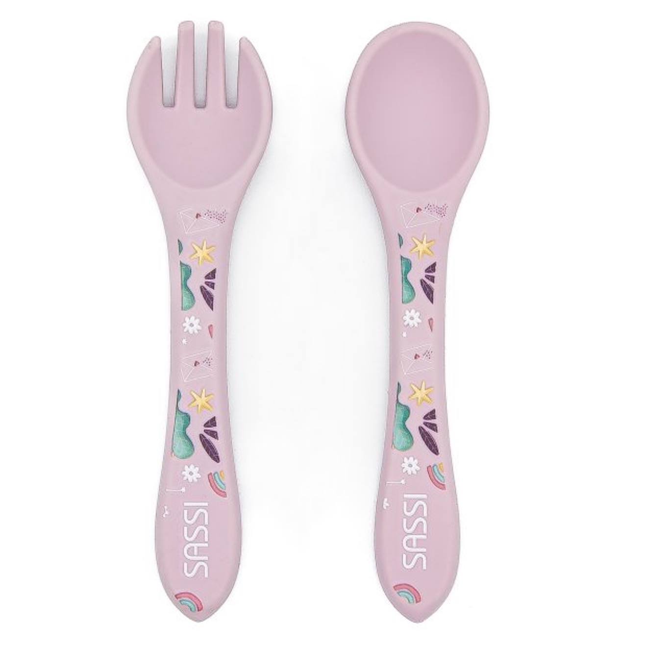 Set Fourchette Et Cuillère En Silicone Animaux Rose