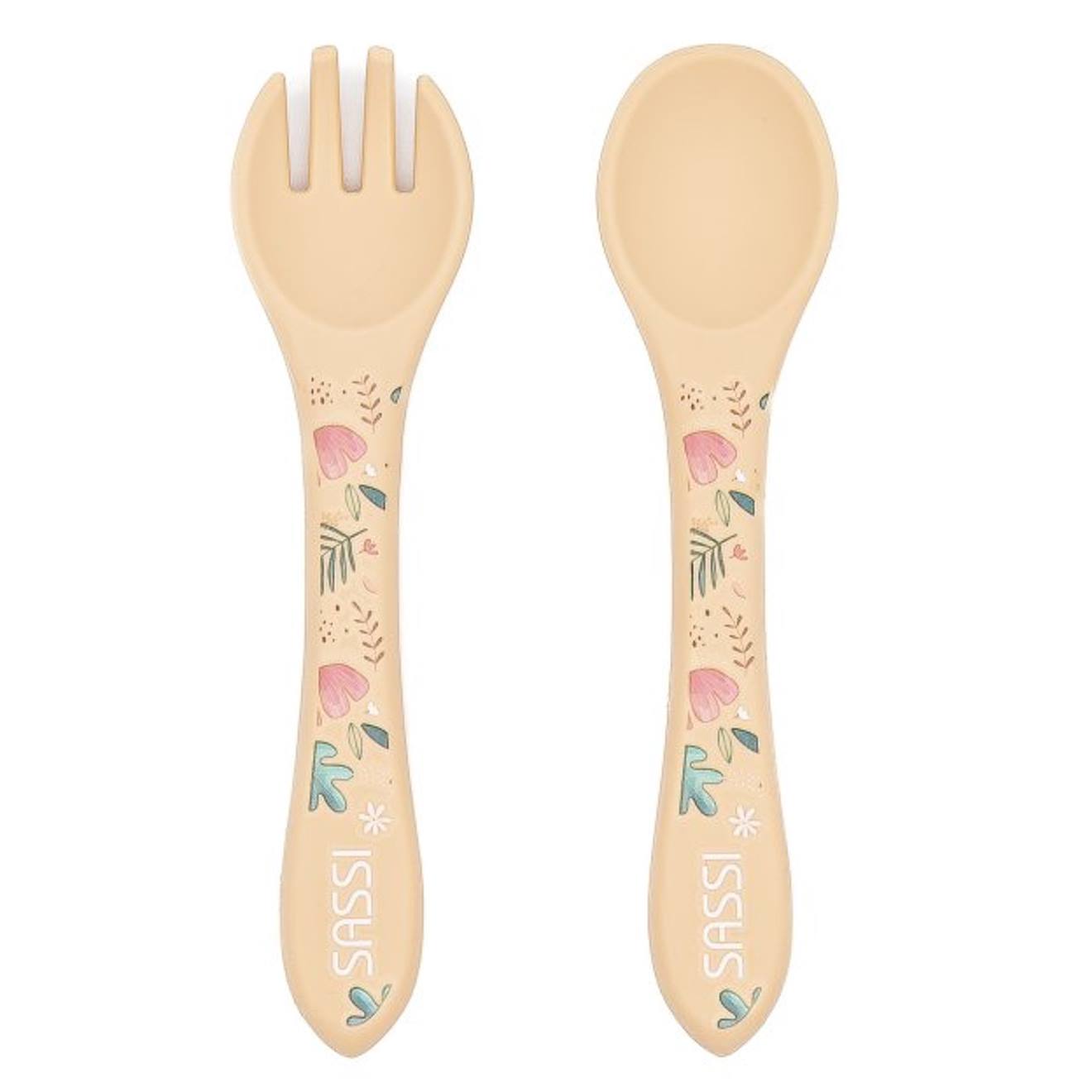 Set Fourchette Et Cuillère En Silicone Animaux Beige