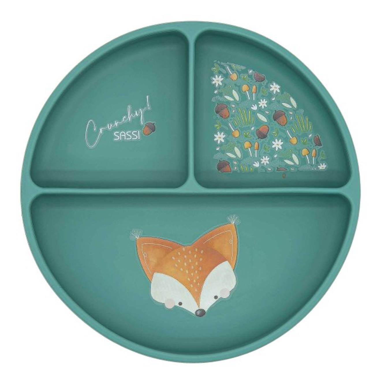 Assiette Compartimentée En Silicone Avec Ventouse Animaux Vert Paon (Sassi) - Couverture