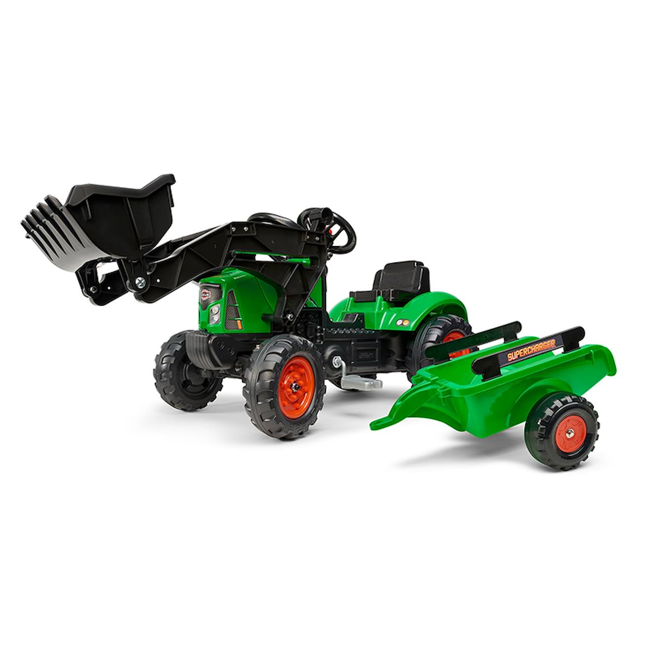 Tractopelle À Pédales Avec Capot Ouvrant Et Remorque Vert