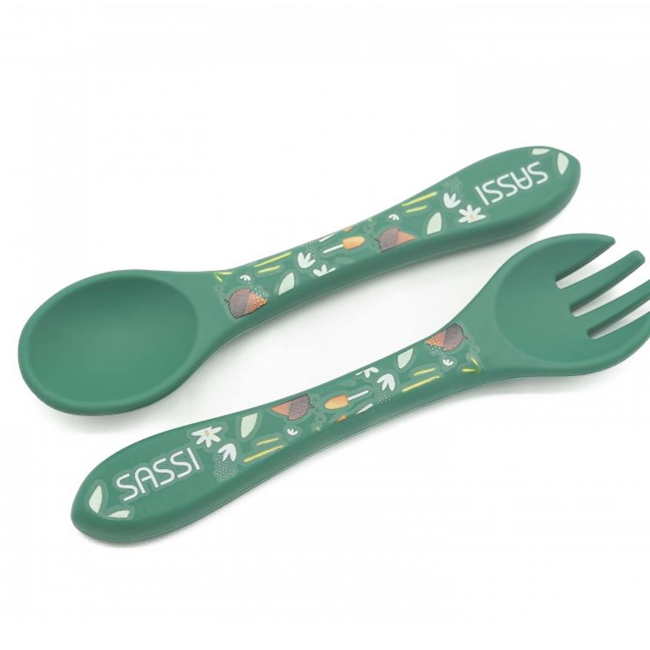 Set Fourchette Et Cuillère En Silicone Animaux Vert Paon (Sassi) - Image 2
