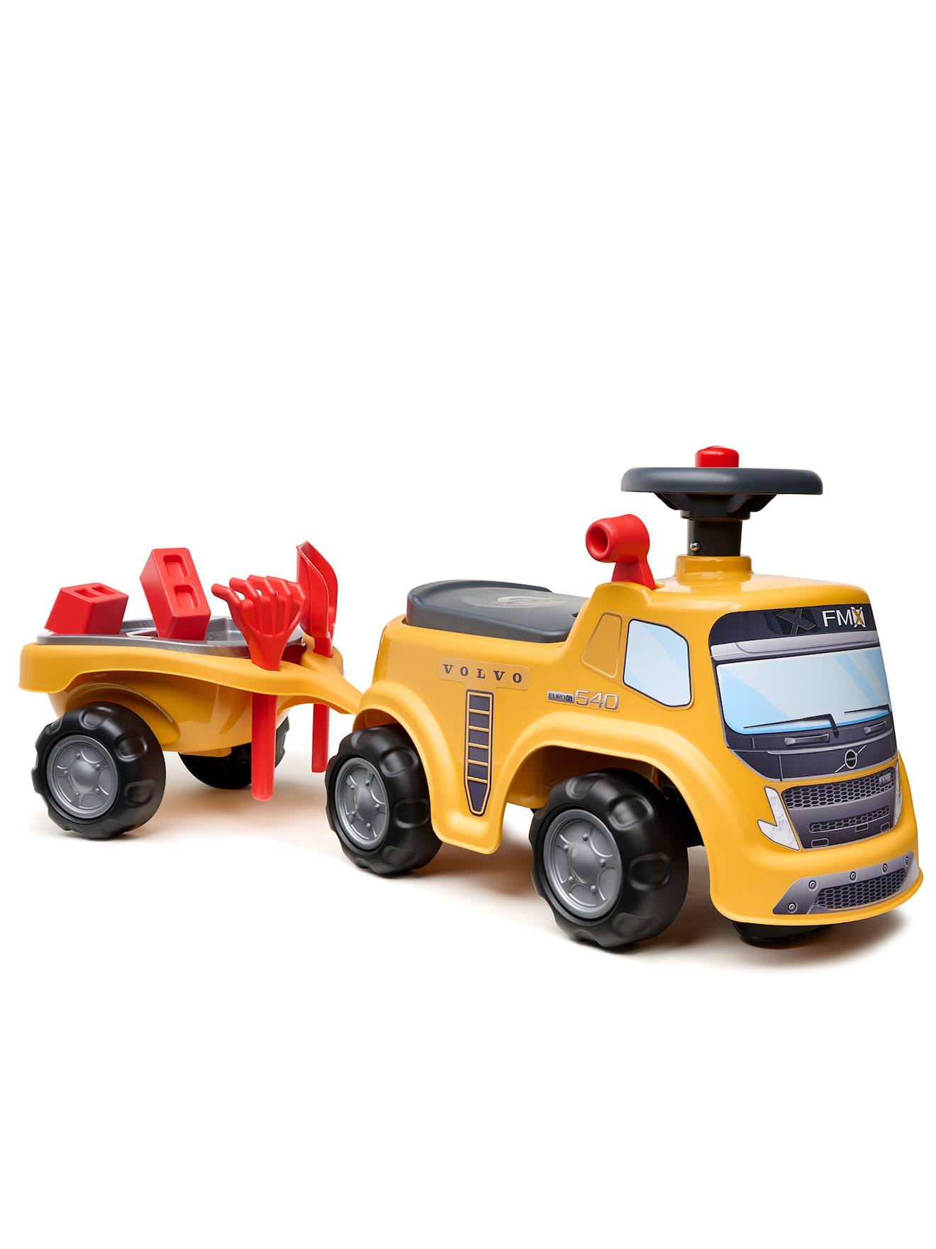 Porteur Chantier Avec Assise Ouvrante Et Volant Directionnel Avec Klaxon, Remorque Et Jeux De Sable Jaune Volvo