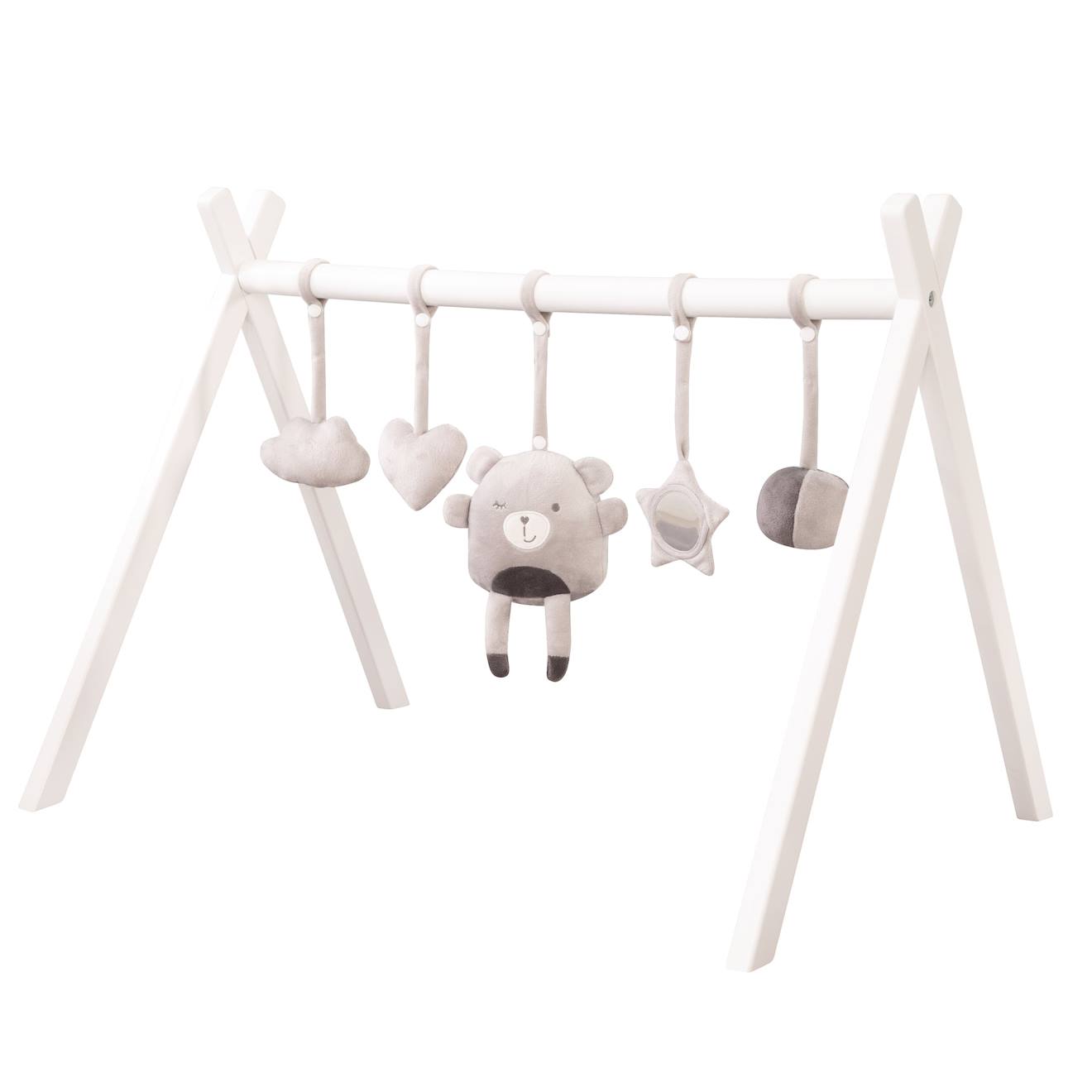 Portique D'éveil En Bois Massif + 5 Pendentifs Roba Style Blanc - Gris