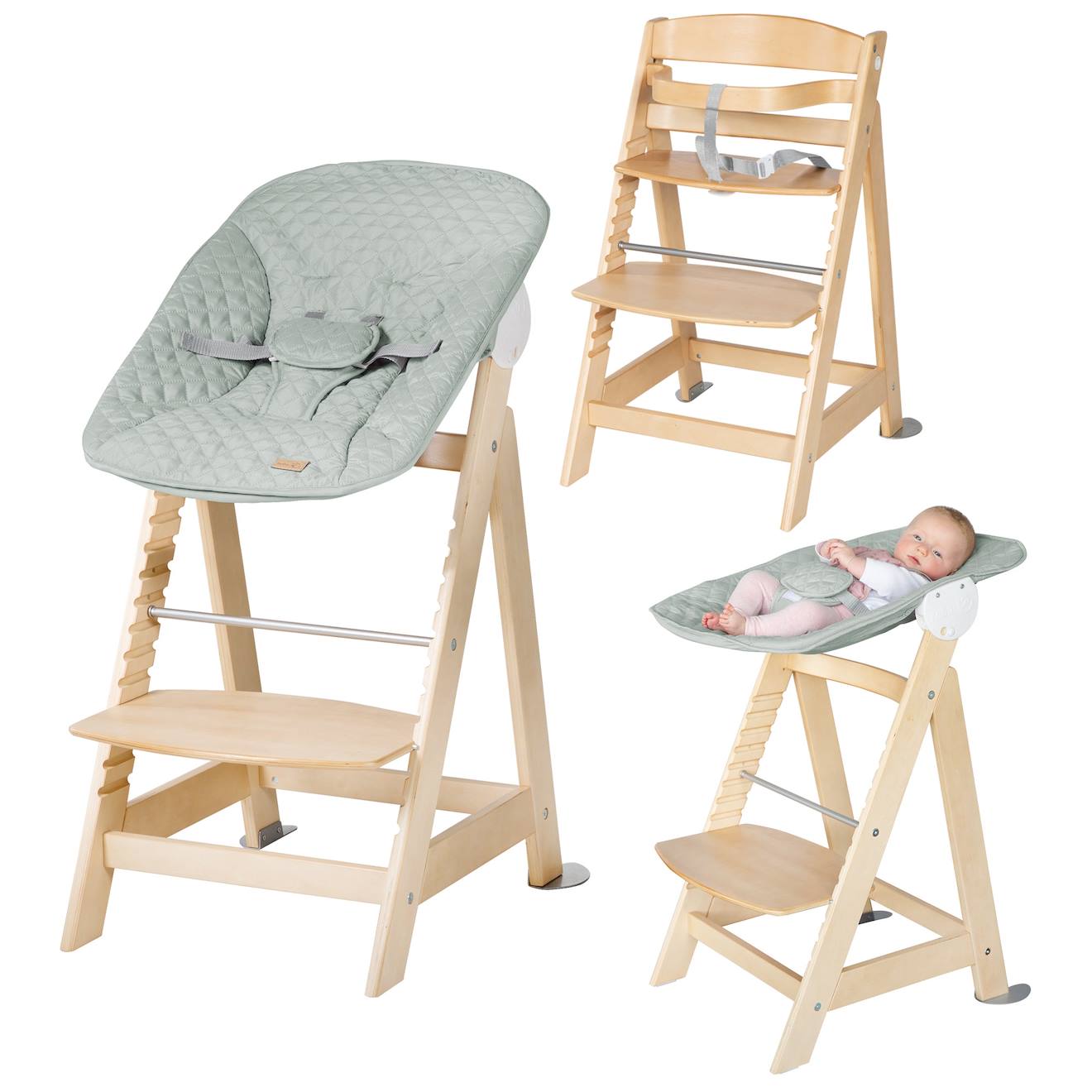 Chaise Haute Évolutive Born Up Avec Transat Déperlant Et Inclinable Roba Style Naturel - Vert Givré