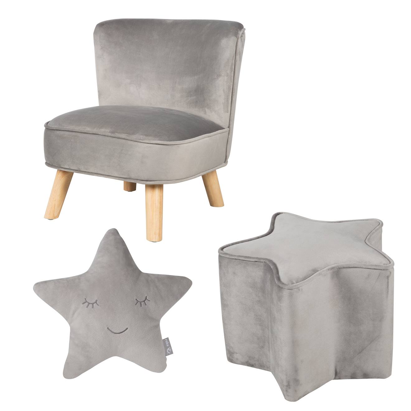 Roba - Ensemble Fauteuil + Pouf + Coussin Décoratif Étoile Lil Sofa Gris Argenté