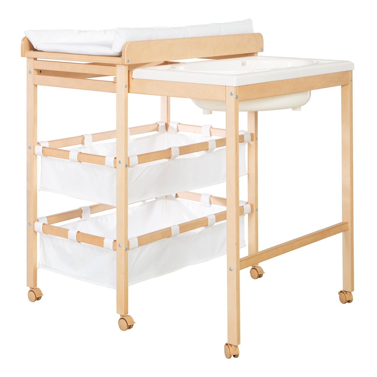 Table À Langer Avec Baignoire Coulissante + Matelas À Langer Déperlant Bois Naturel / Blanc