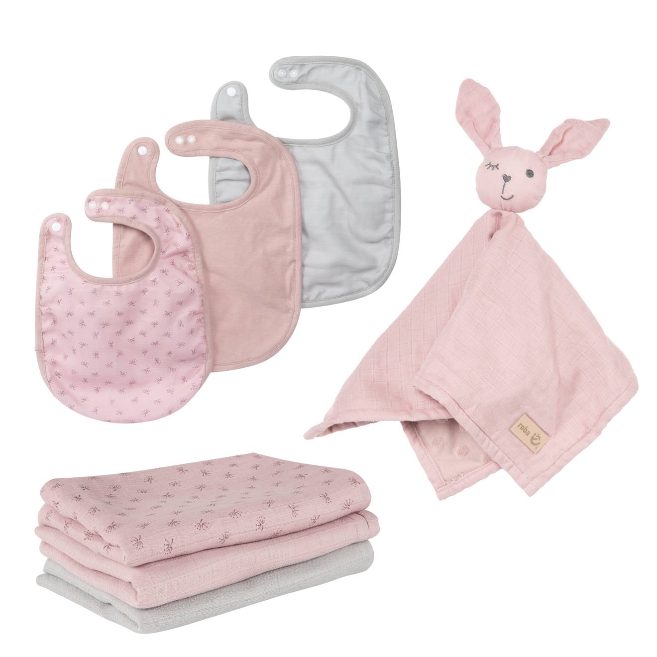 Set De 3 Bavoirs En Coton Bio + 3 Langes + 1 Serviette Doudou Lil Planet Rose Pastel - Gris / Lapin