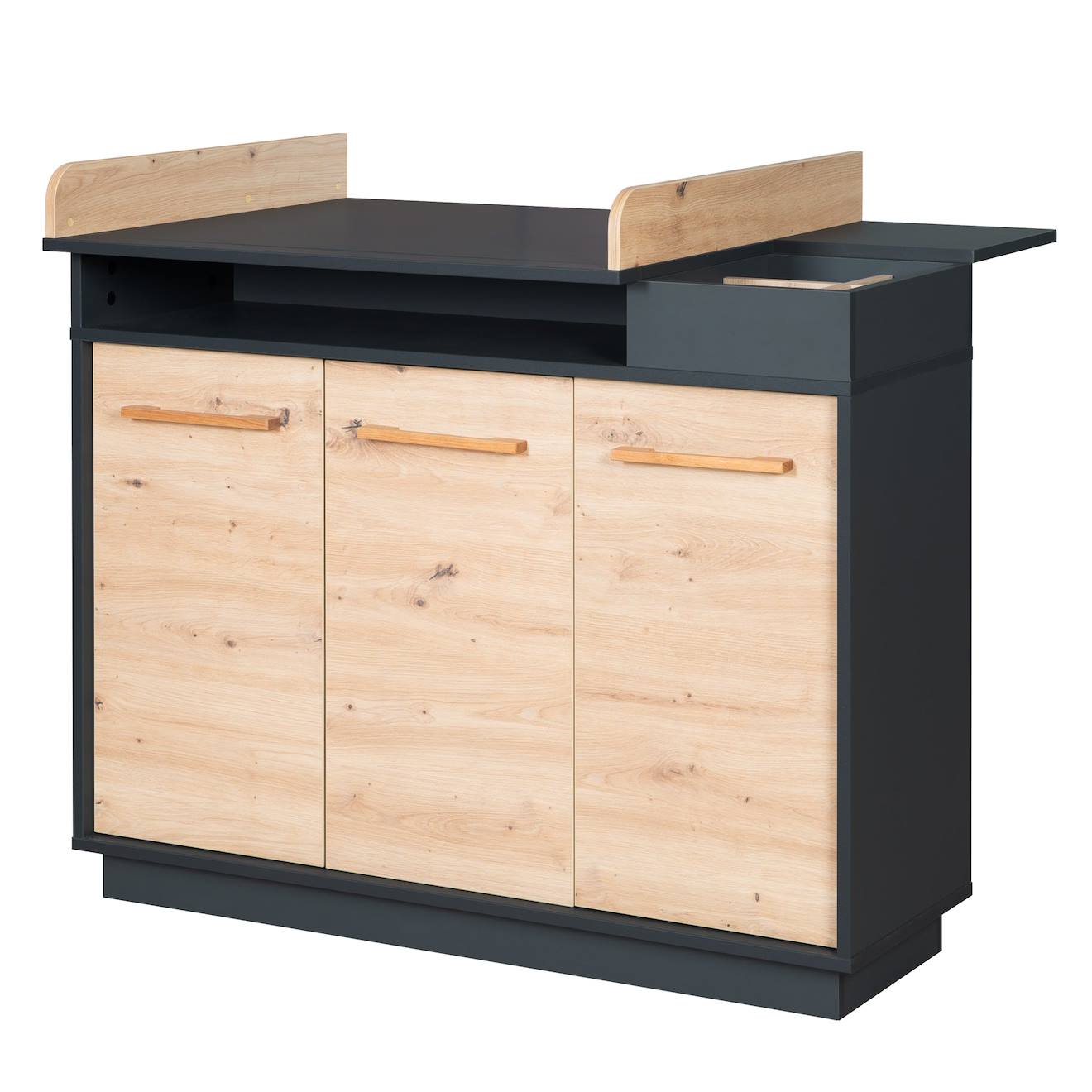 Commode À Langer Évolutive 3 Portes Et Compartiments Ouverts Lenn Gris Anthracite / Chêne Artisa