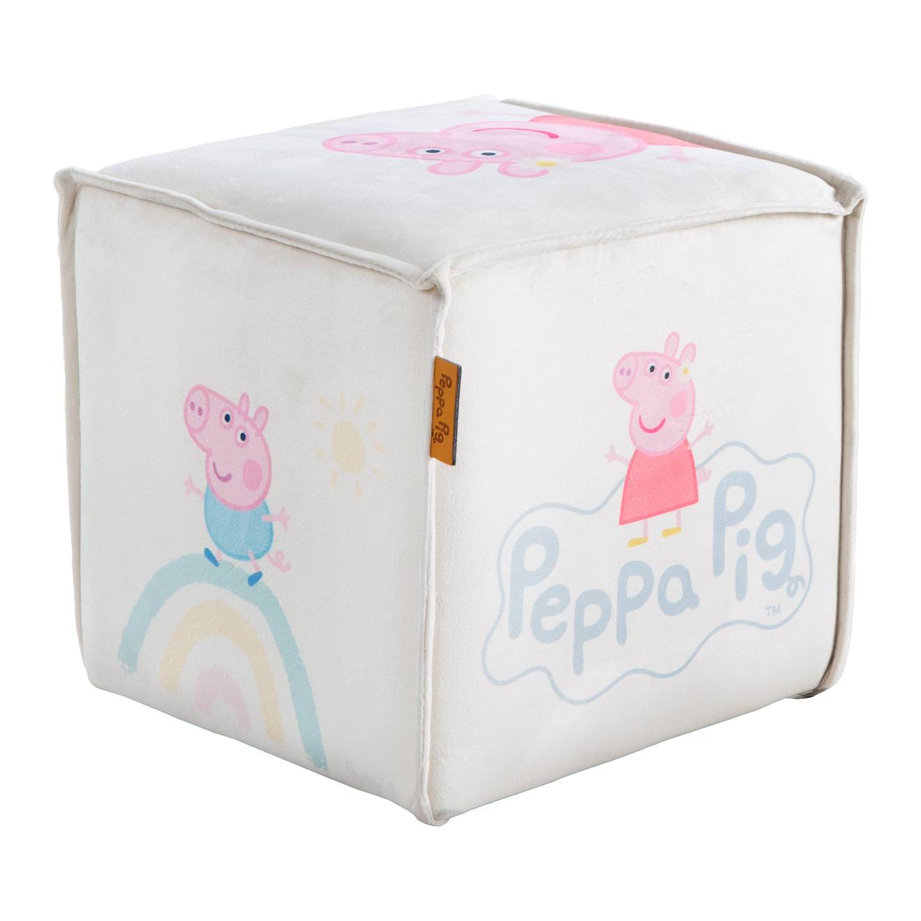 Roba - Tabouret Pouf En Velours Imprimé Et Bois Peppa Pig Beige / Cube