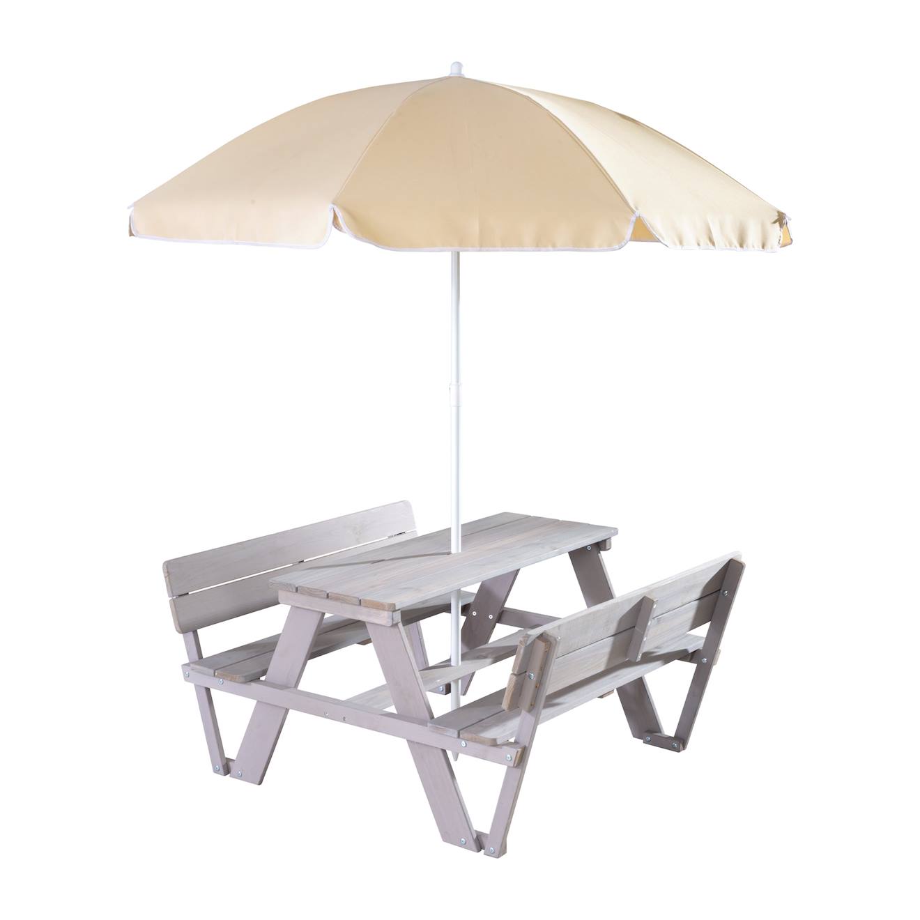 Set Table Pique-nique En Bois Massif + 2 Coussins Et Parasol Gris Et Jaune