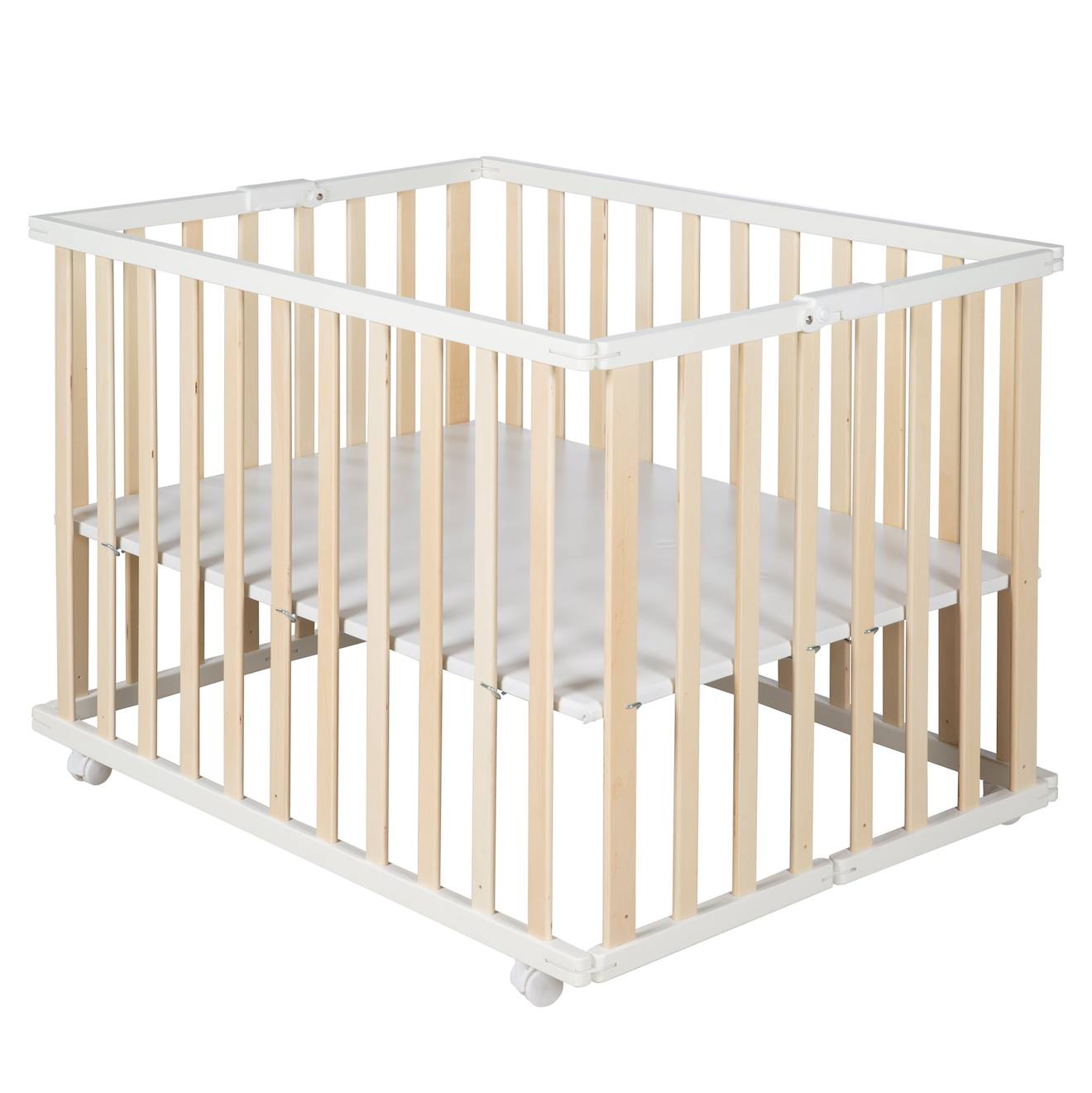 Parc Bébé Pliant En Bois Sur Roulettes À Freins Bicolore (Roba) - Image 2