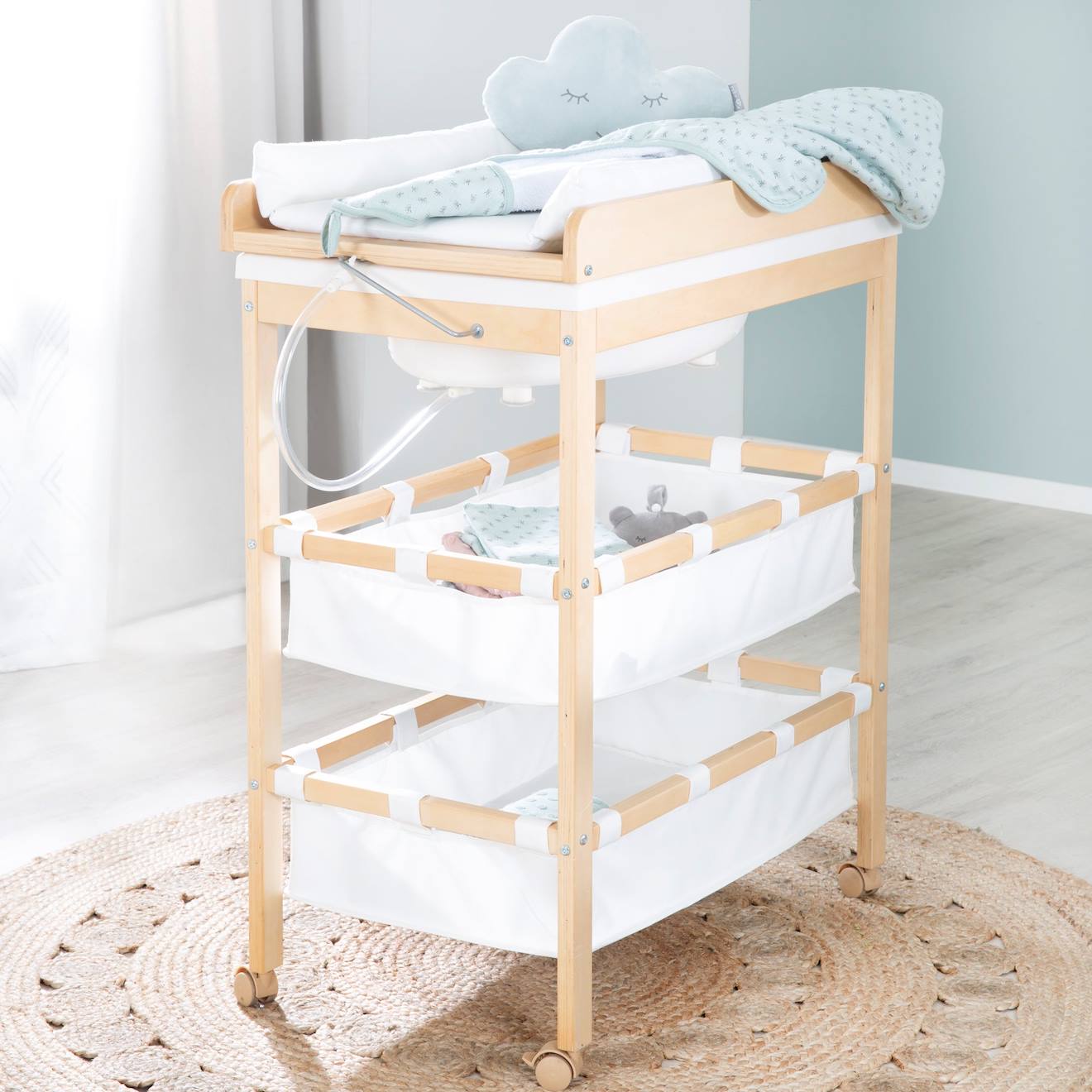 Table À Langer Avec Baignoire 2en1 + Matelas À Langer Imperméable Bois Naturel / Blanc (Roba) - Image 1