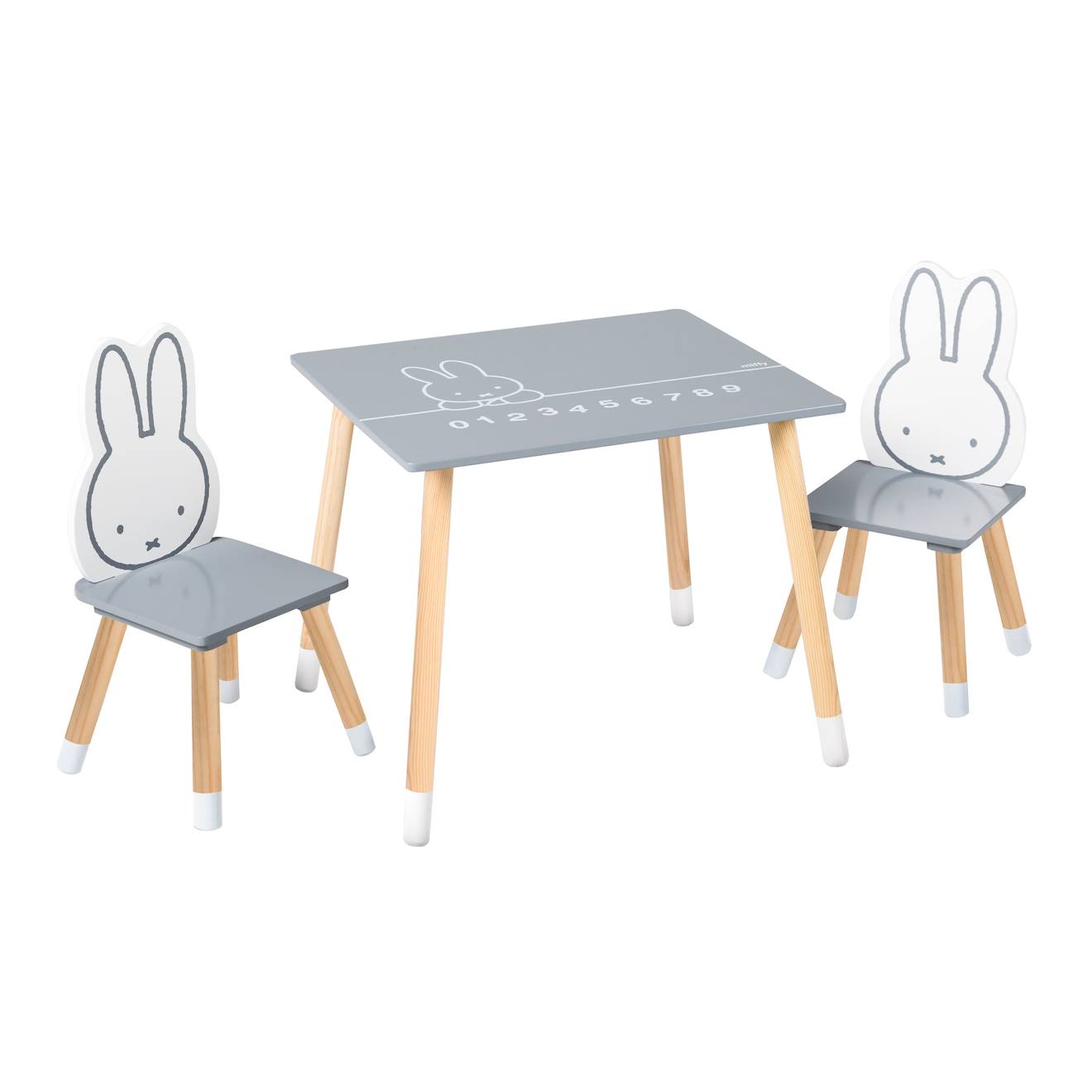 Roba - Set Table Et 2 Chaises Enfant Avec Pieds En Bois Massif Miffy® Gris - Naturel / Lapin Miffy