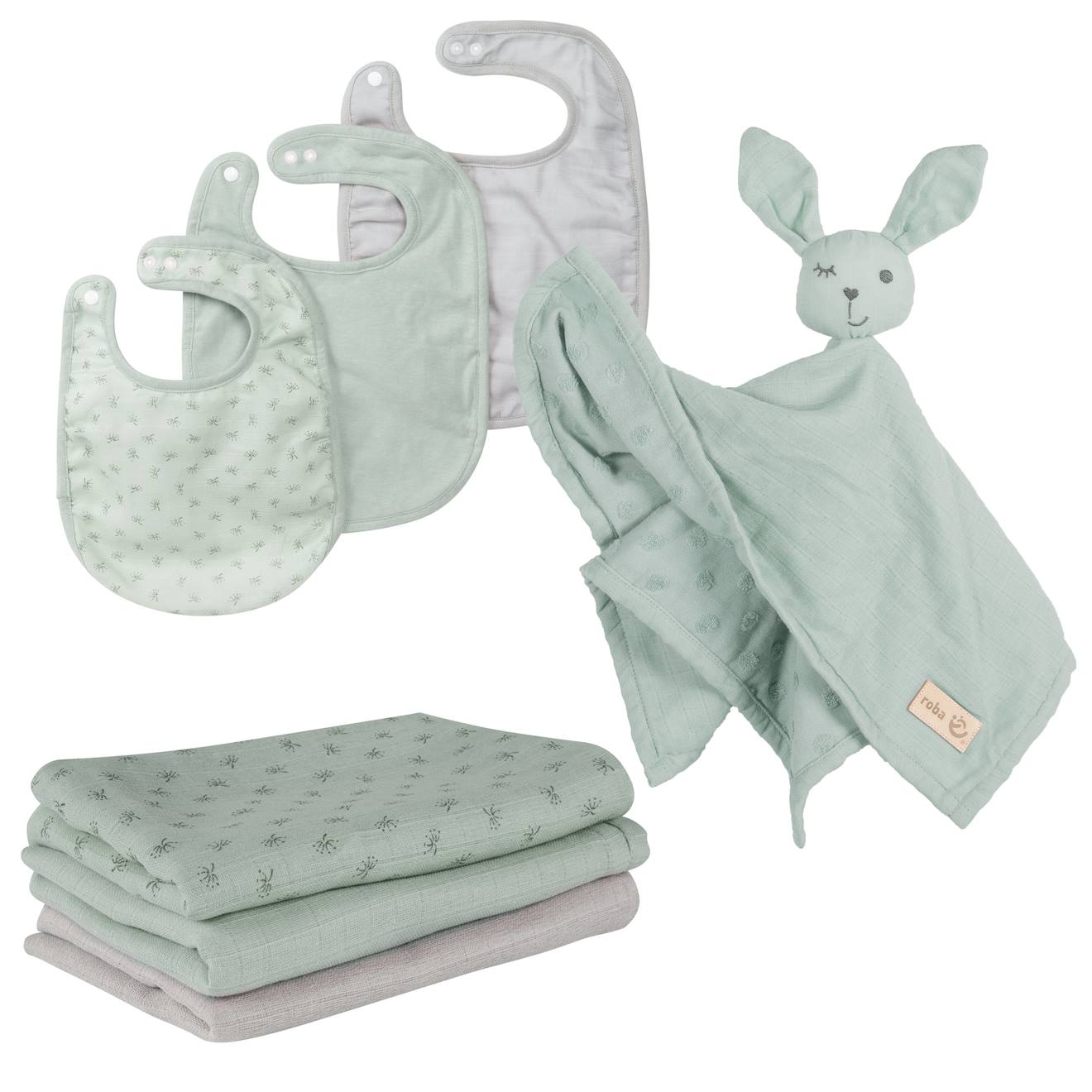 Set De 3 Bavoirs En Coton Bio + 3 Langes + 1 Serviette Doudou Lil Planet Vert Givré - Gris / Lapin