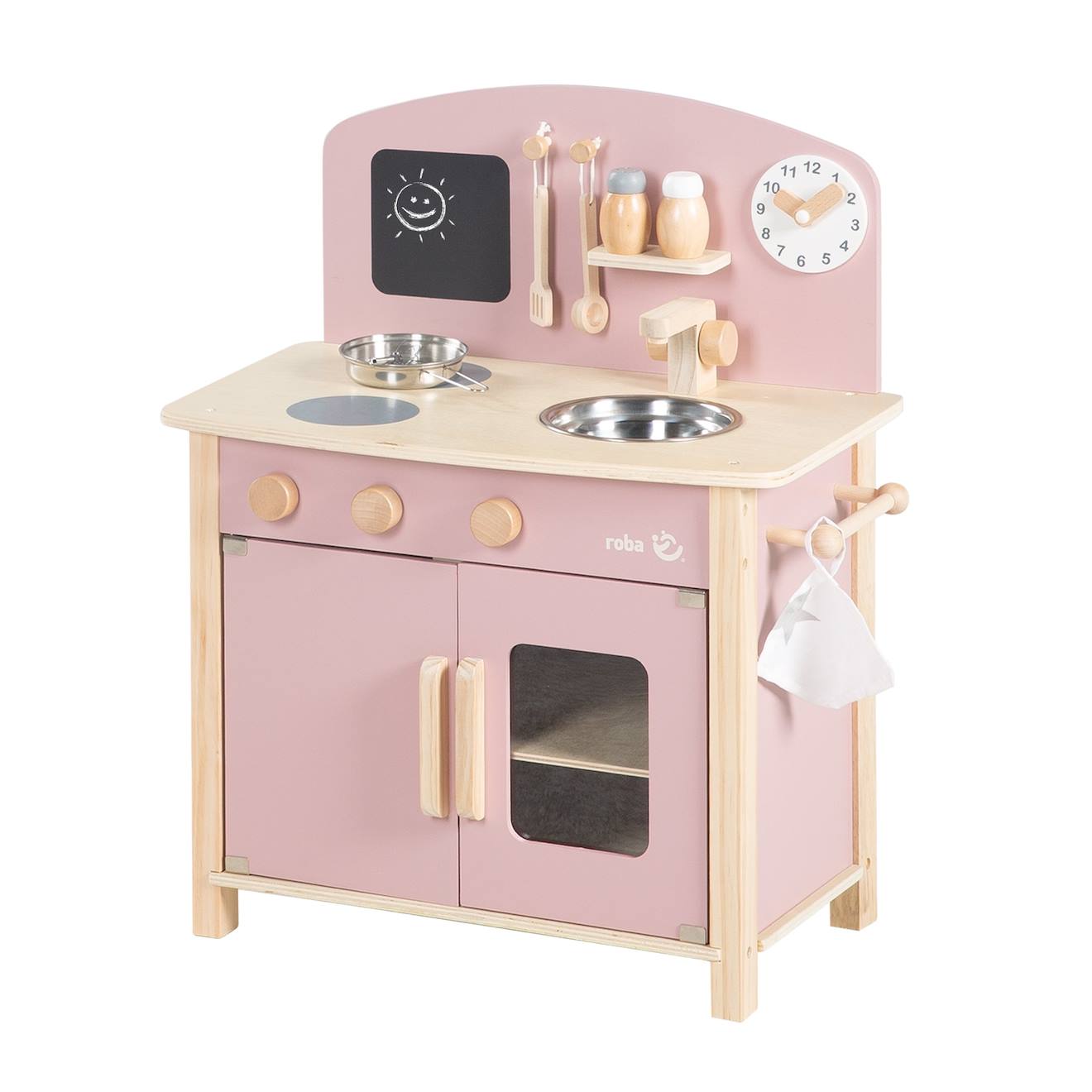 Roba - Cuisine Enfant Équipée Avec Accessoires Et Horloge Rose Et Naturel
