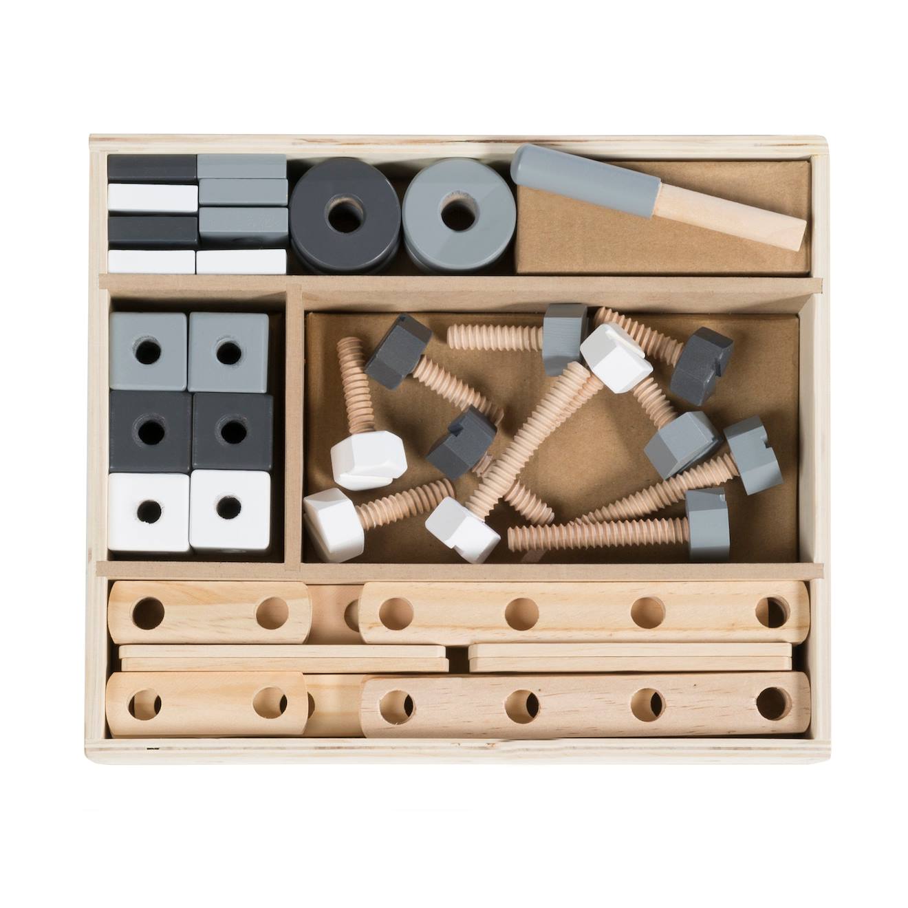 Boite À Outils Pour Enfant - 46 Pièces - Caisse De Bricolage Naturel, Gris Et Blanc