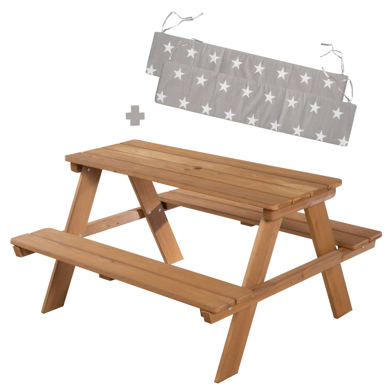 Roba - Table Pique-nique En Bois Massif 4 Places + 2 Coussins Teck / Motif Étoiles