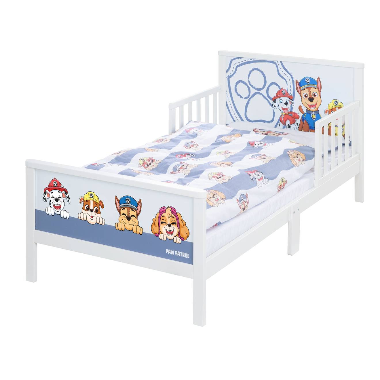 Lit Enfant Avec Barrières De Sécurité Et Linge De Lit Blanc / Pat' Patrouille