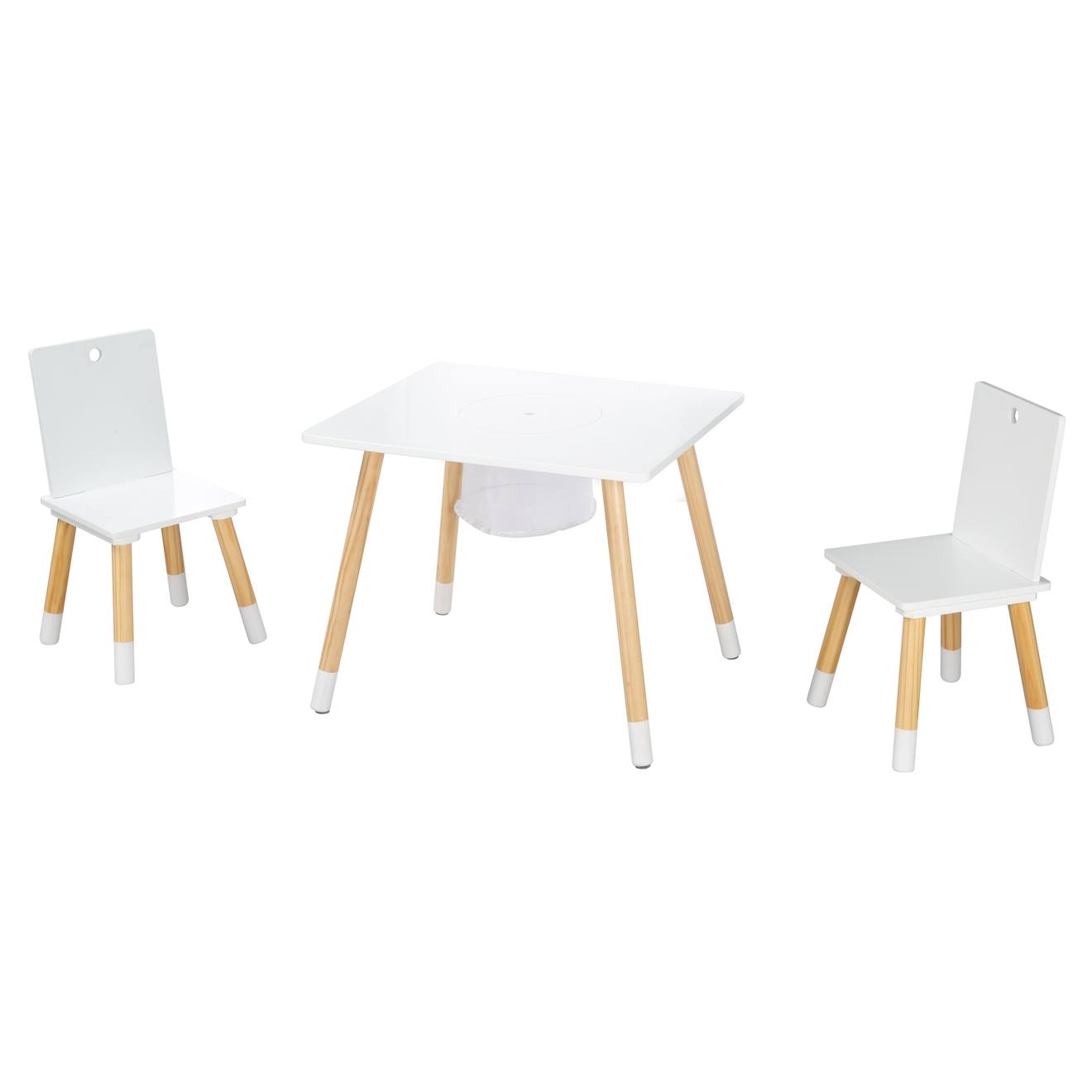 Set Table Et 2 Chaises Enfant Avec Filet De Rangement Blanc Et Naturel