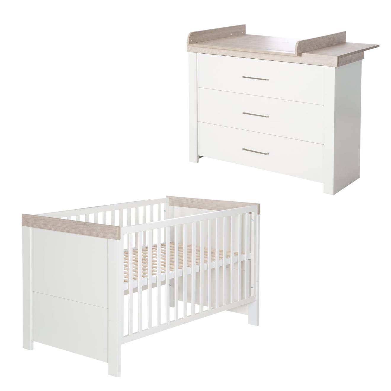 Roba - Chambre Bébé Évolutive 2 Pièces - Style Rustique Moderne Avec Soft-close Lucy Blanc Cassé / Décor Bois Luna