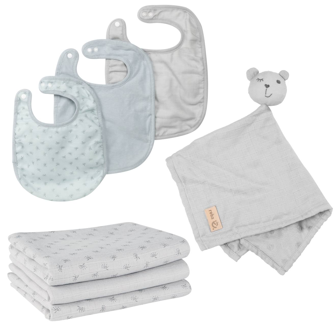 Set De 3 Bavoirs En Coton Bio + 3 Langes + 1 Serviette Doudou Lil Planet Gris Argenté - Bleu / Ourson