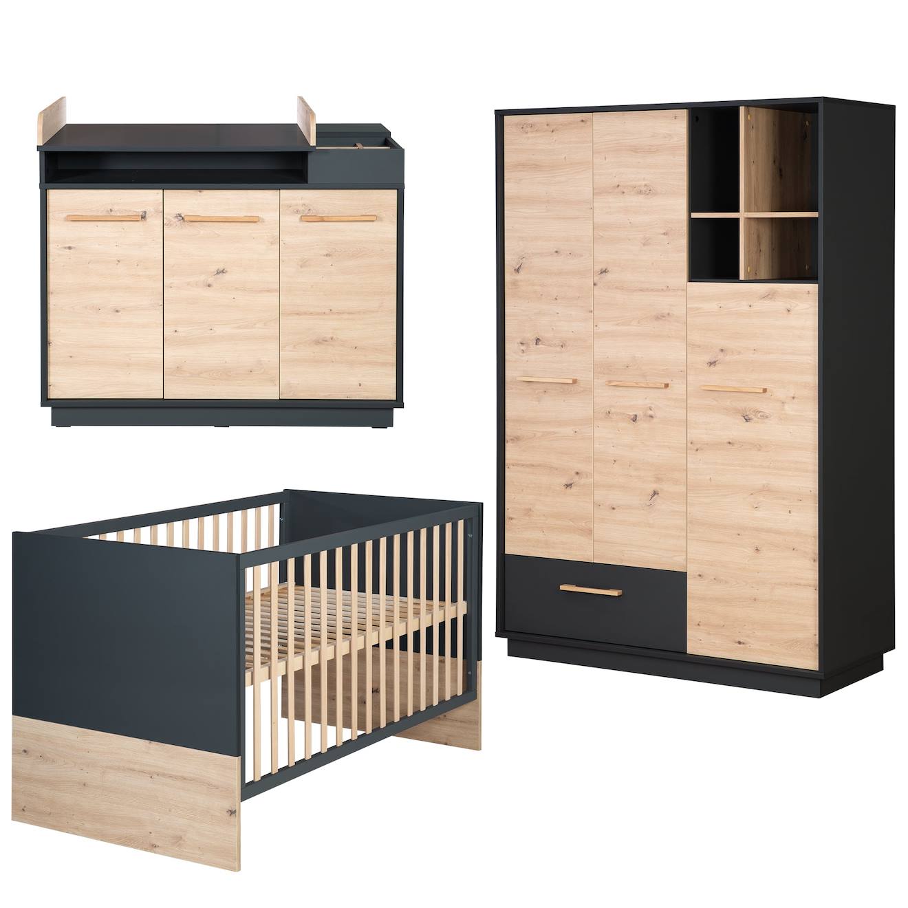 Chambre Bébé Évolutive Complète Avec Soft-close Lenn Gris Anthracite / Chêne Artisa