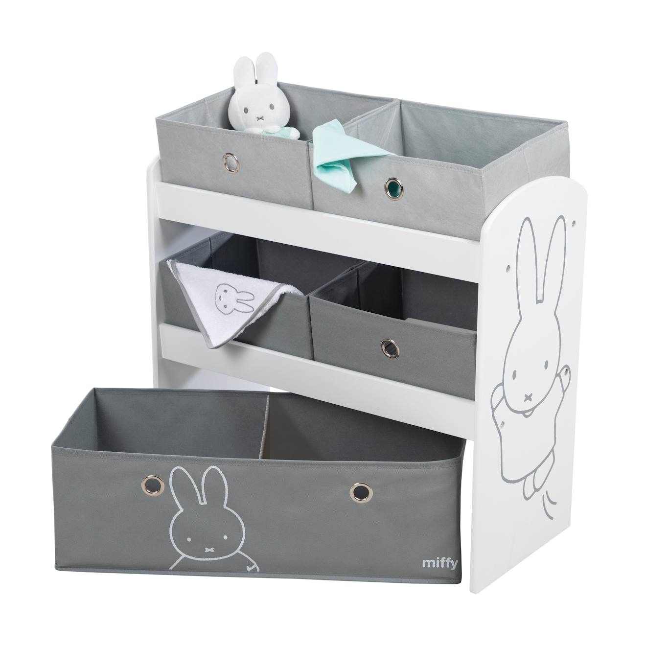 Étagère De Rangement Pour Les Jouets Avec 5 Boites En Toile Gris - Blanc / Lapin Miffy