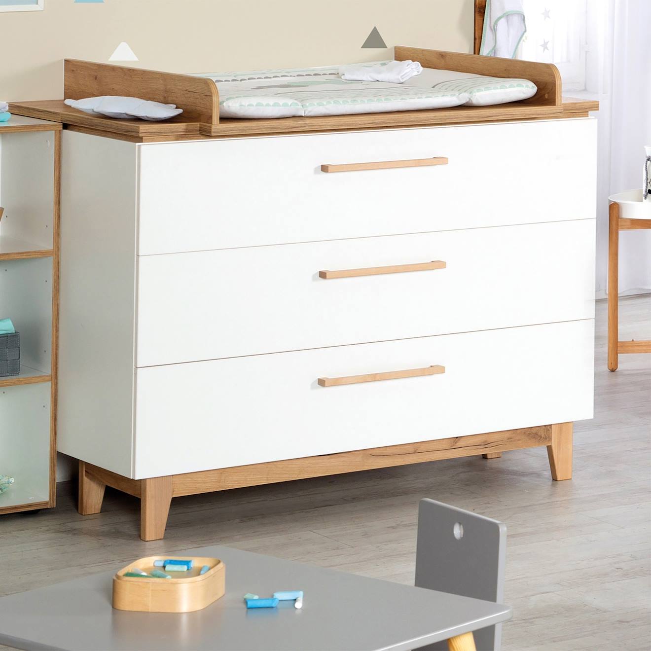 Commode À Langer Évolutive 3 Tiroirs Finn Blanc / Chêne Doré (Roba) - Image 1