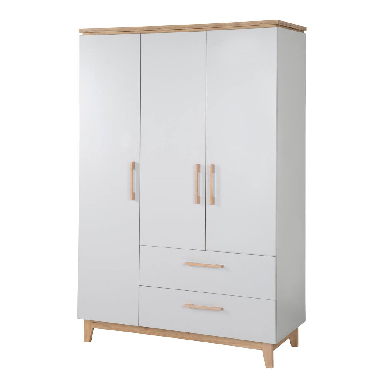 Armoire Bébé 3 Portes Et 2 Tiroirs À Fermeture Douce Caro Gris Clair / Chêne Doré