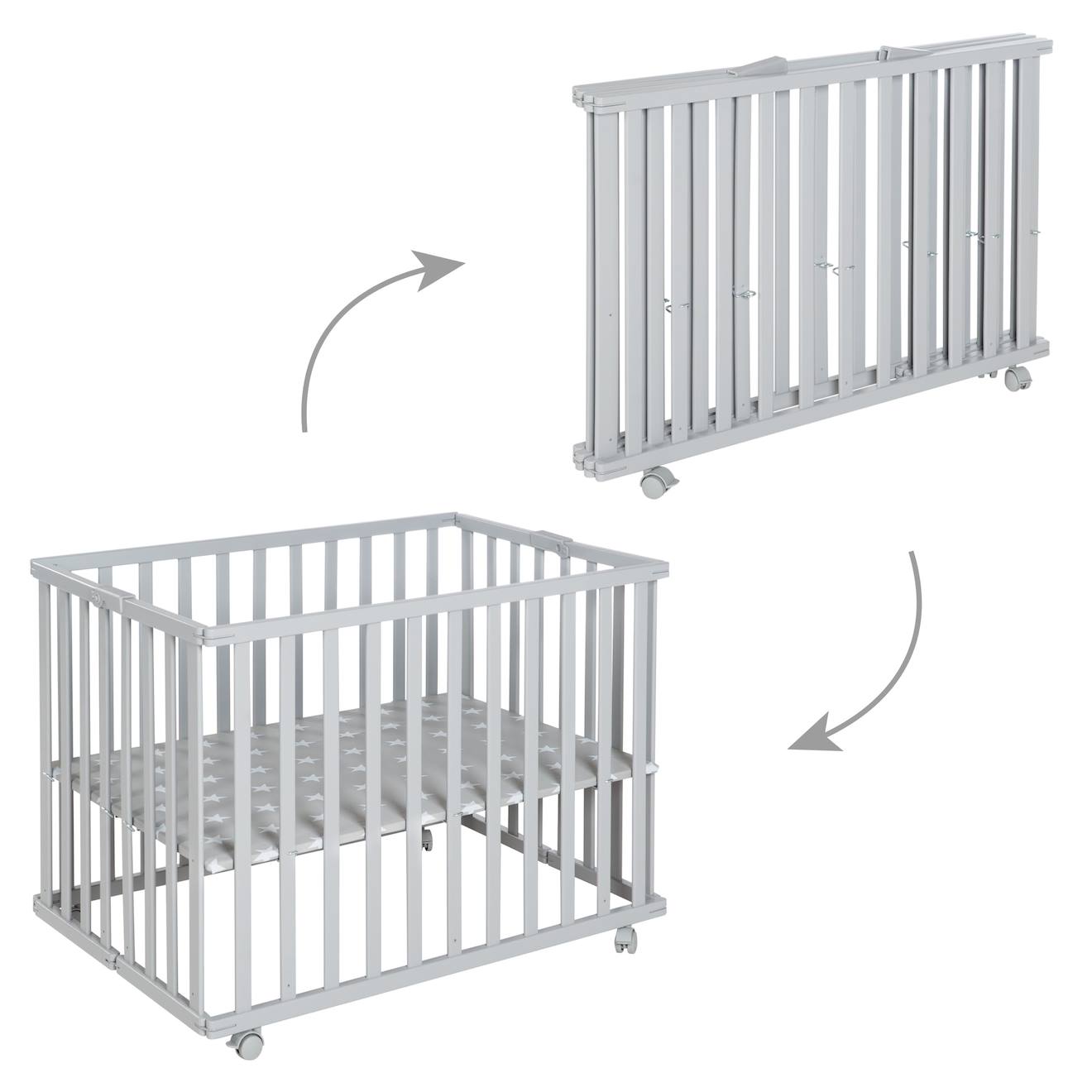 Parc Bébé Pliant En Bois Sur Roulettes À Freins Gris Taupe