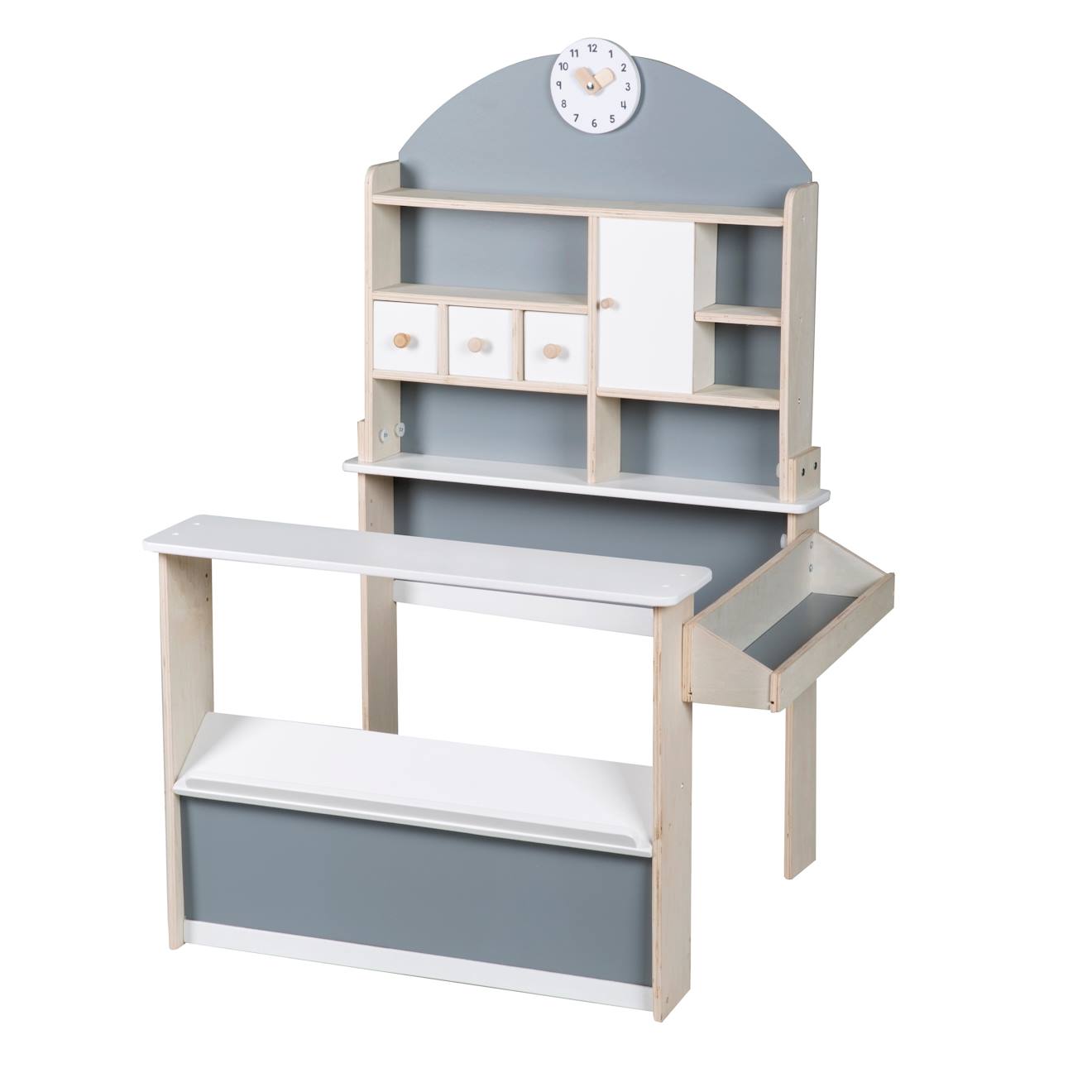 Marchande En Bois À 3 Tiroirs Et Horloge Gris - Blanc