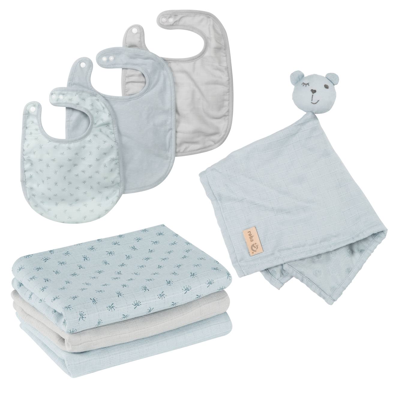 Set De 3 Bavoirs En Coton Bio + 3 Langes + 1 Serviette Doudou Lil Planet Bleu Clair - Gris / Ourson