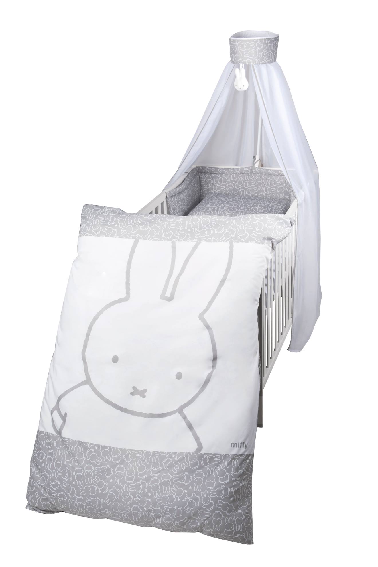 Parure De Lit Bébé + Nid Et Baldaquin Motif Lapin Miffy® Blanc - Gris / Miffy