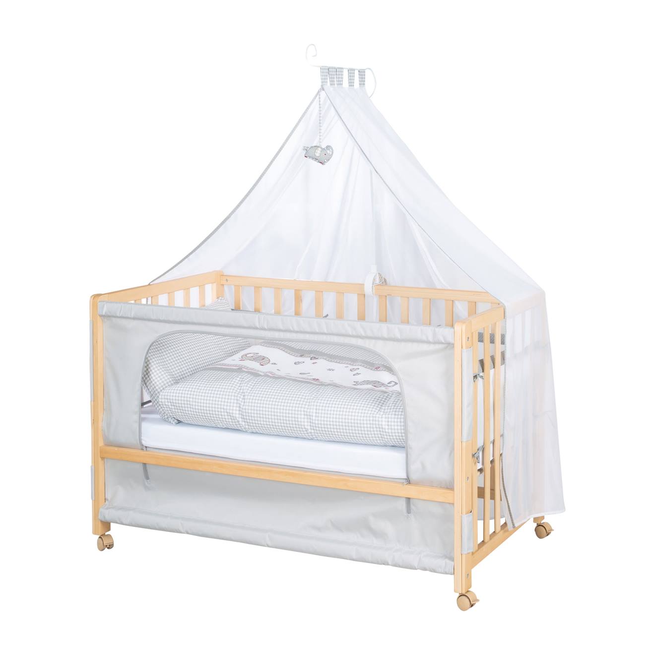 Lit Cododo Avec Literie Complète Et Roulettes À Freins Jumbo Twins Bois Naturel / Gris