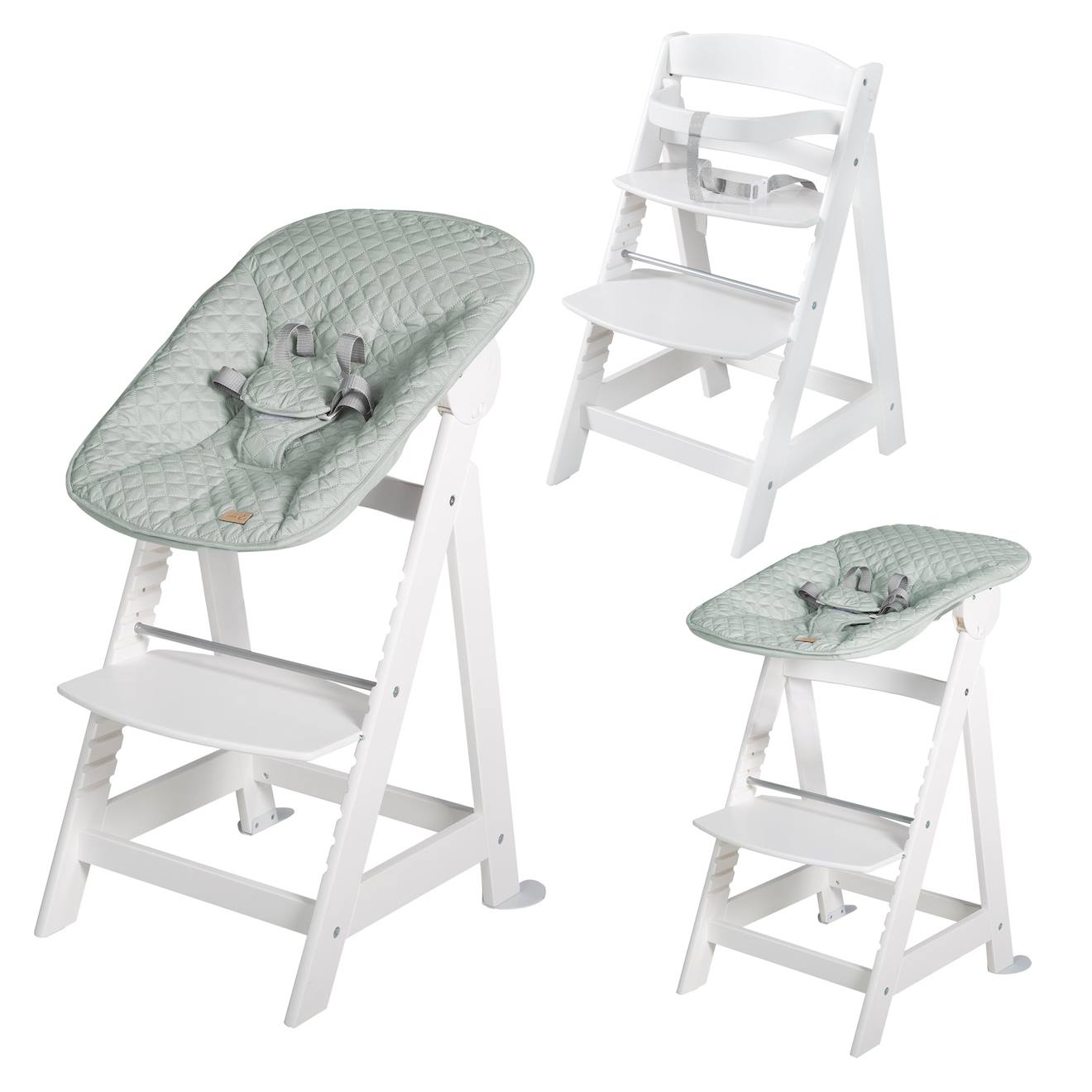 Chaise Haute Évolutive Born Up Avec Transat Déperlant Et Inclinable Roba Style Blanc - Vert Givré