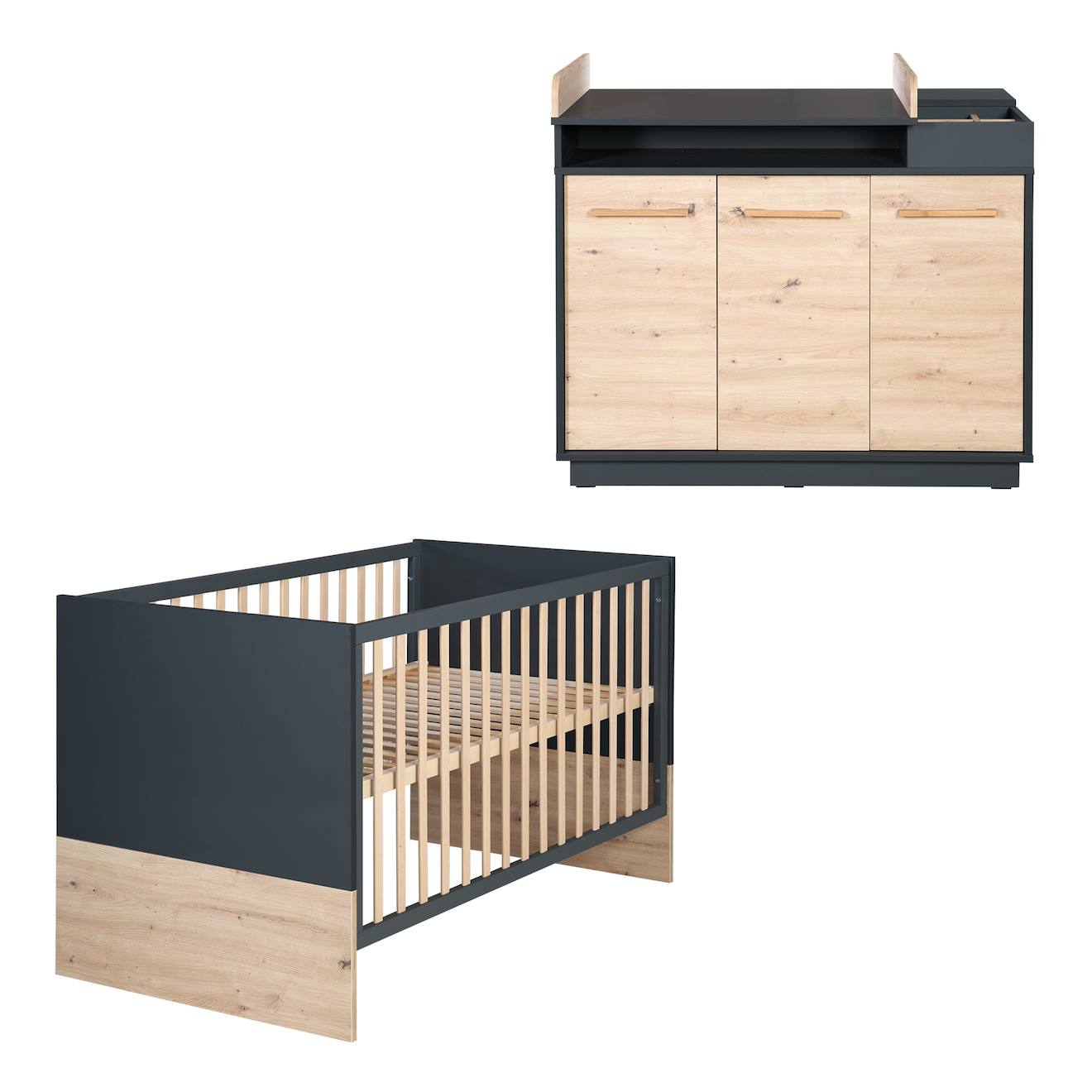Chambre Bébé Évolutive 2 Pièces - Lit Et Commode À Fermeture Douce Lenn Gris Anthracite / Chêne Artisa