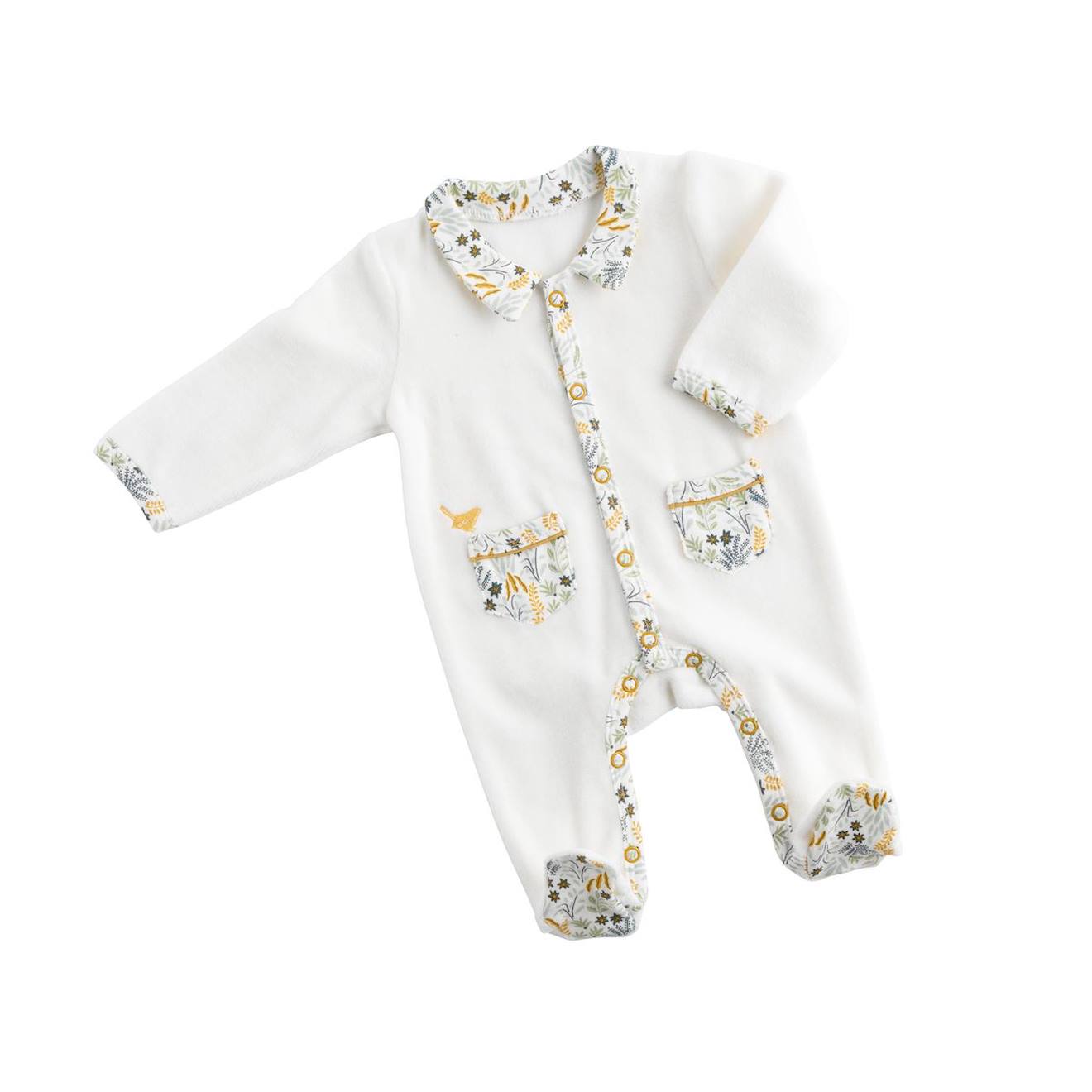 Pyjama Bébé À Manches Longues En Velours - Promenons Nous Blanc/jaune
