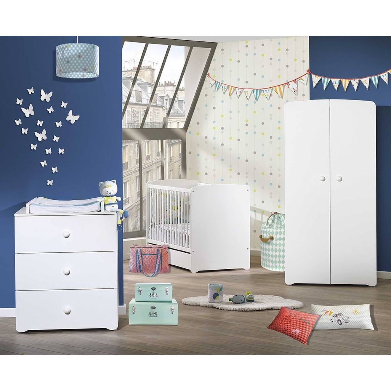 Baby Price - Chambre Complète Bébé Avec Lit À Barreaux, Commode À Langer Et Armoire 2 Portes Blanc