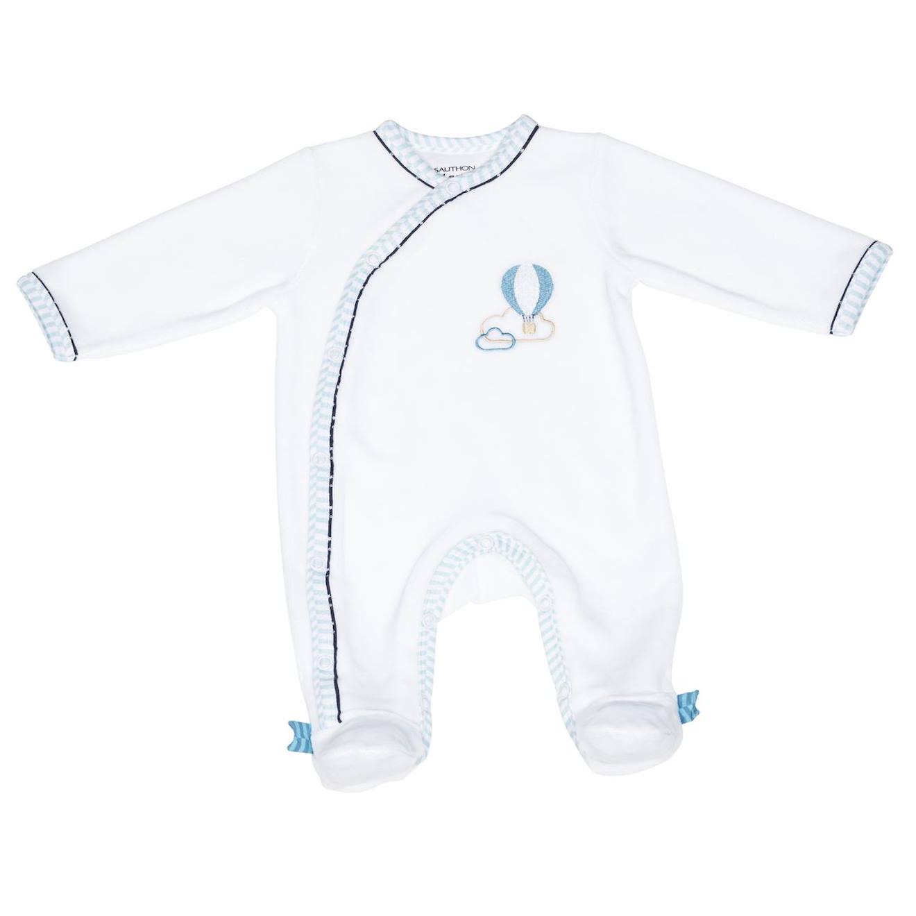 Pyjama Bébé À Manches Longues En Velours - Lazare Blanc/bleu Clair