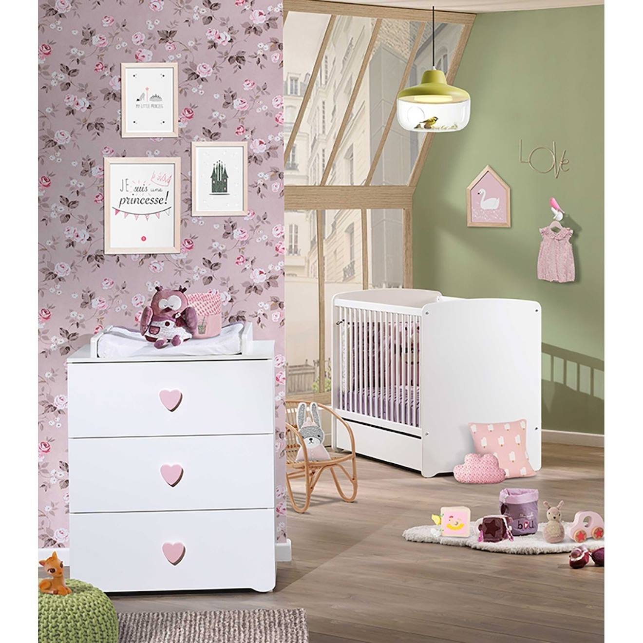 Baby Price - Chambre Complète Bébé Avec Lit À Barreaux Et Commode À Langer Blanc/rose